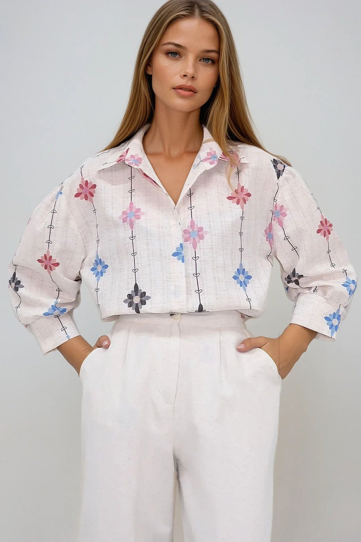 Bej Lila Prenses Çiçek Desenli Flamlı Keten Dokuma Gömlek