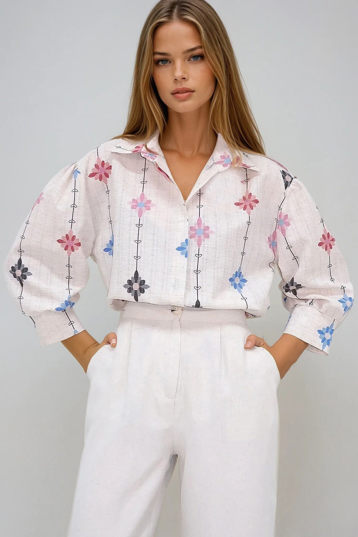 Bej Lila Prenses Çiçek Desenli Flamlı Keten Dokuma Gömlek