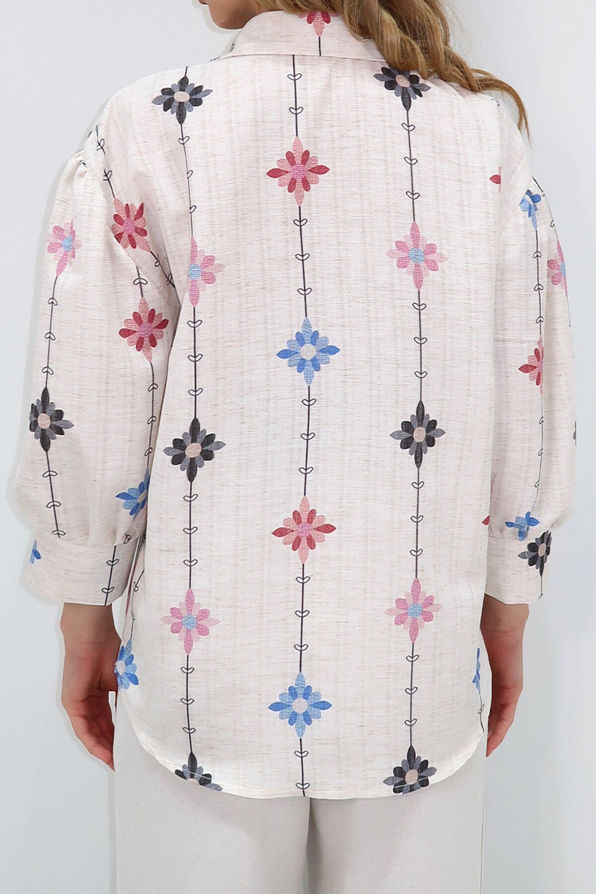Bej Lila Prenses Çiçek Desenli Flamlı Keten Dokuma Gömlek