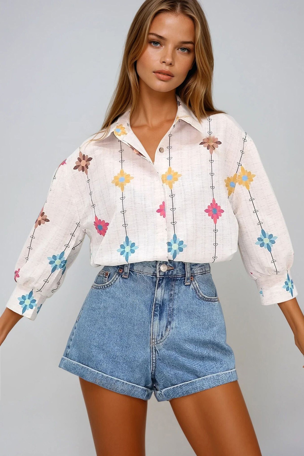 Bej Mavi Prenses Çiçek Desenli Flamlı Keten Dokuma Gömlek