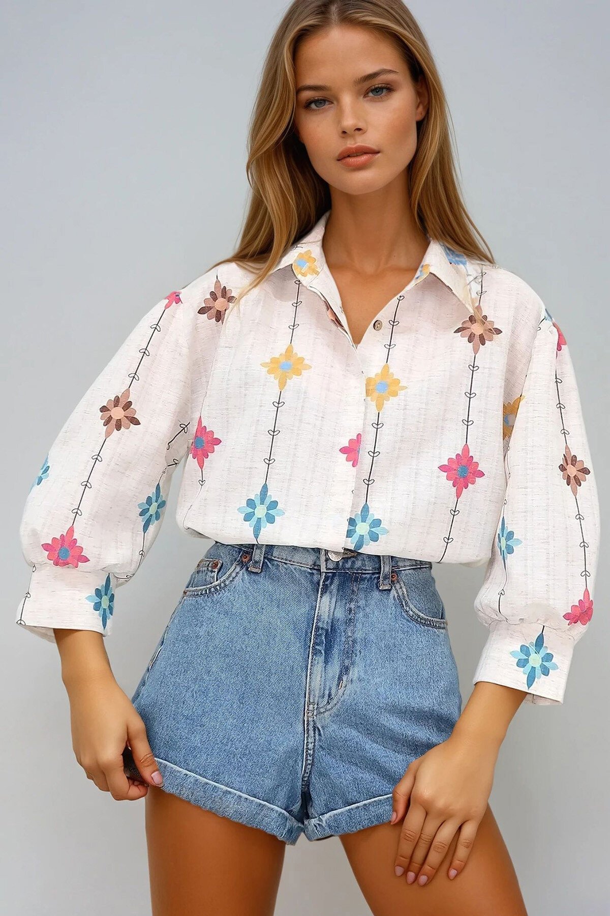 Bej Mavi Prenses Çiçek Desenli Flamlı Keten Dokuma Gömlek