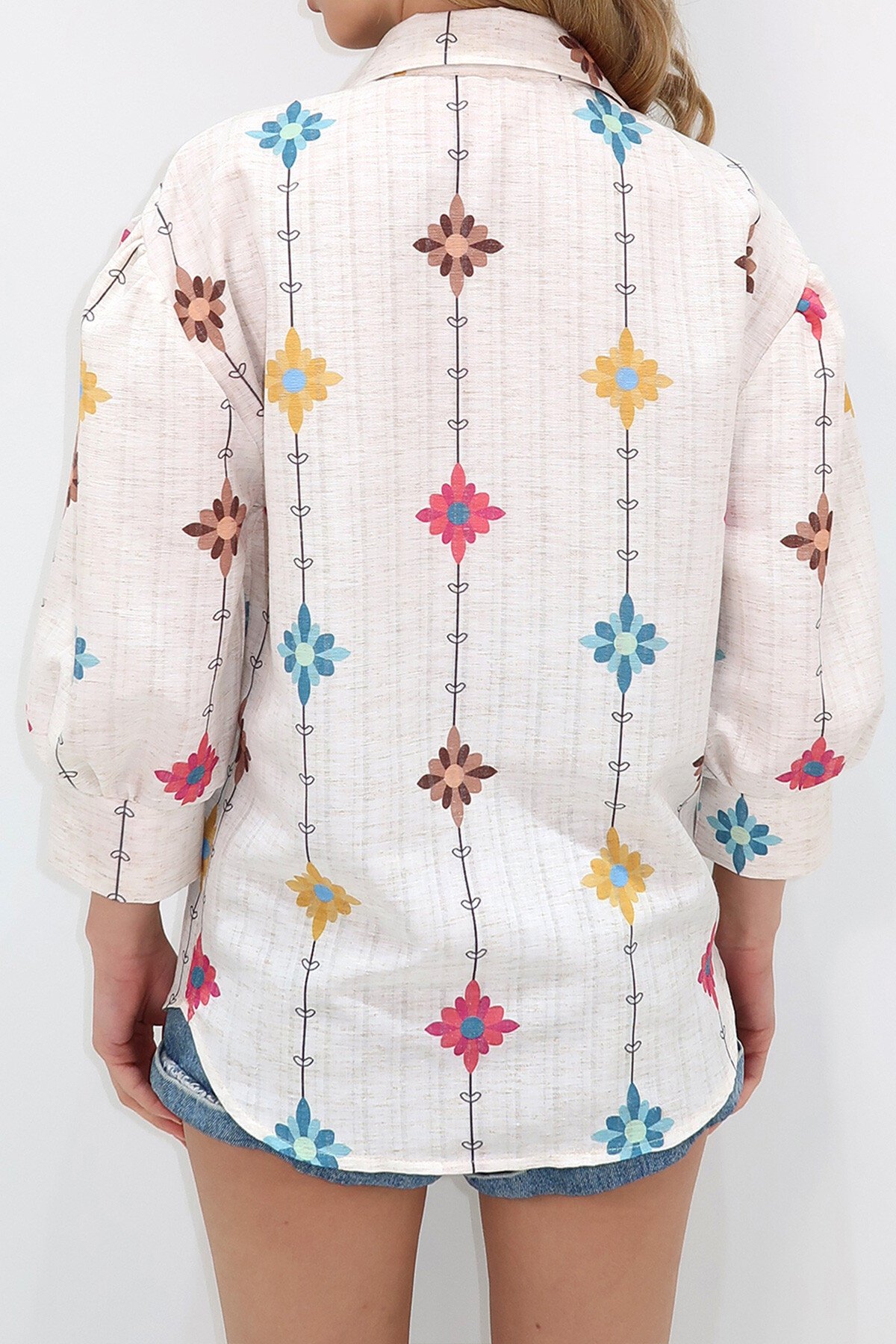 Bej Mavi Prenses Çiçek Desenli Flamlı Keten Dokuma Gömlek