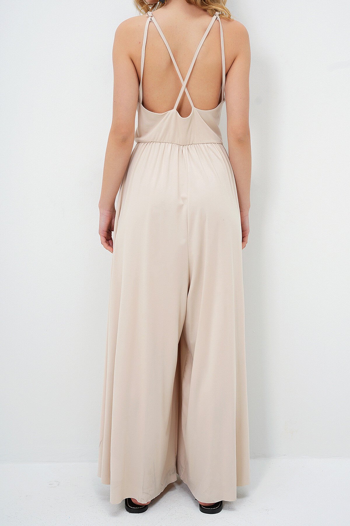 Bej Modal Kumaş Ayarlanabilir Askılı Geniş Paça Tulum