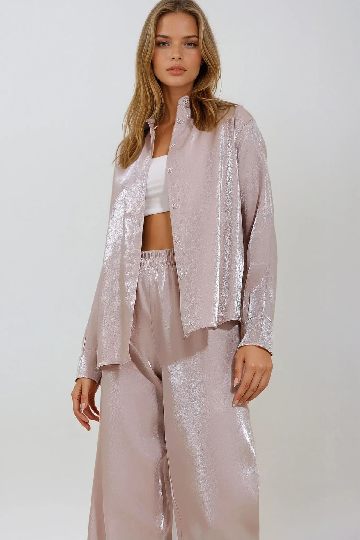 Bej Parlak Dokuma Oversize Gömlek