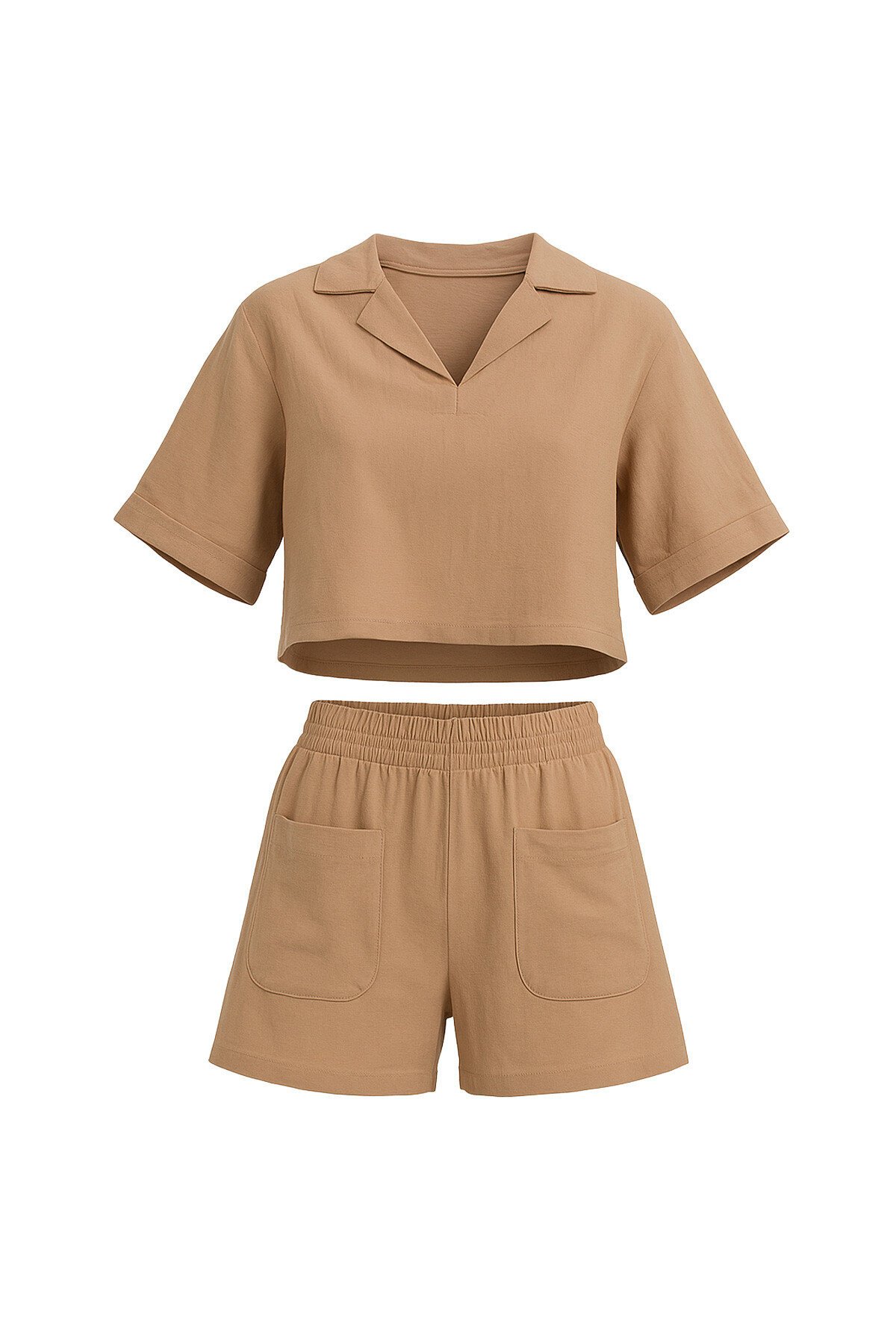 Bej Polo Yaka Crop Bluz Ve Şortlu Dokuma Alt Üst Takım