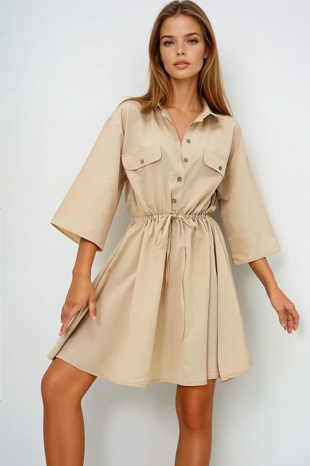 Bej Safari Dokuma Gömlek Elbise