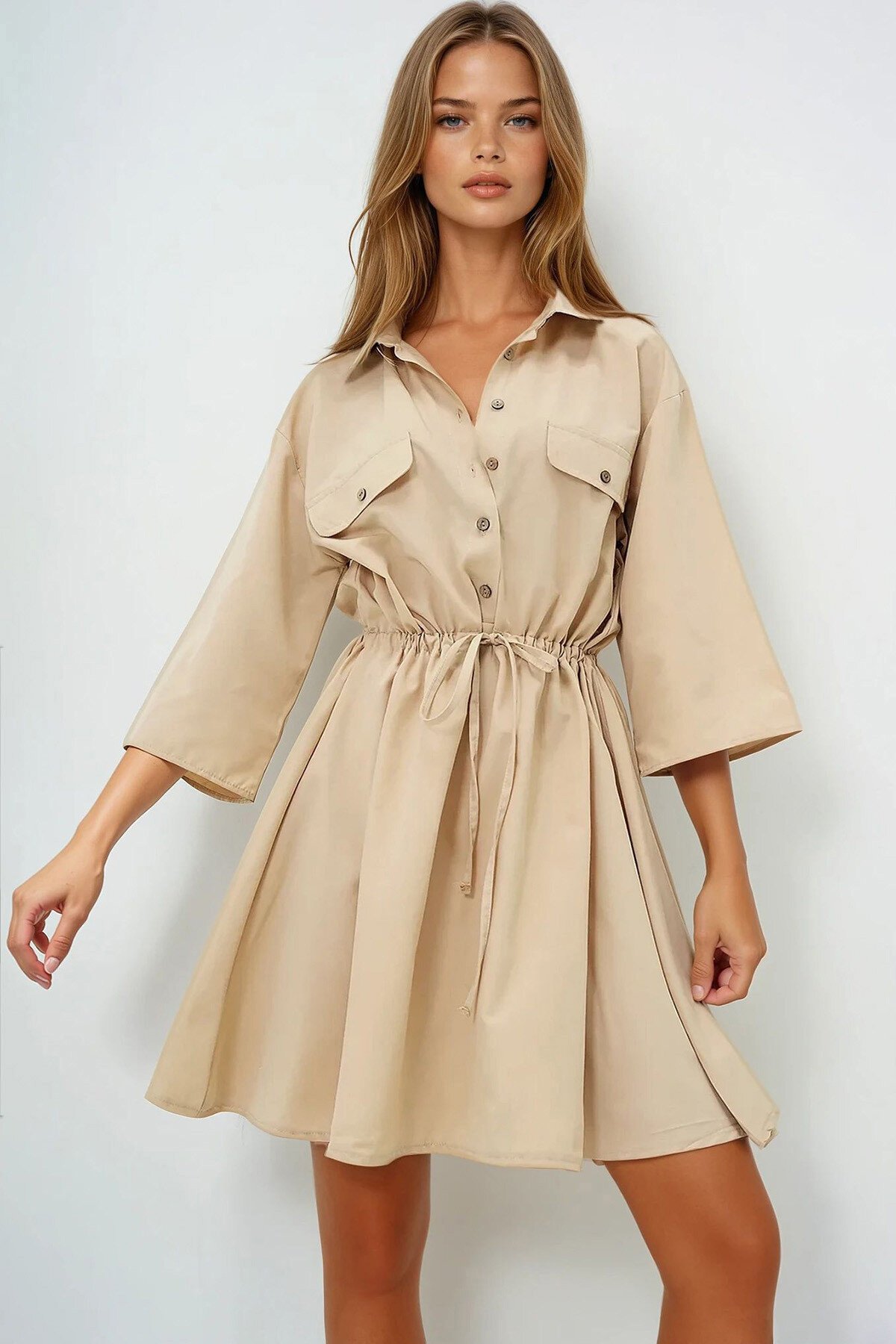 Bej Safari Dokuma Gömlek Elbise