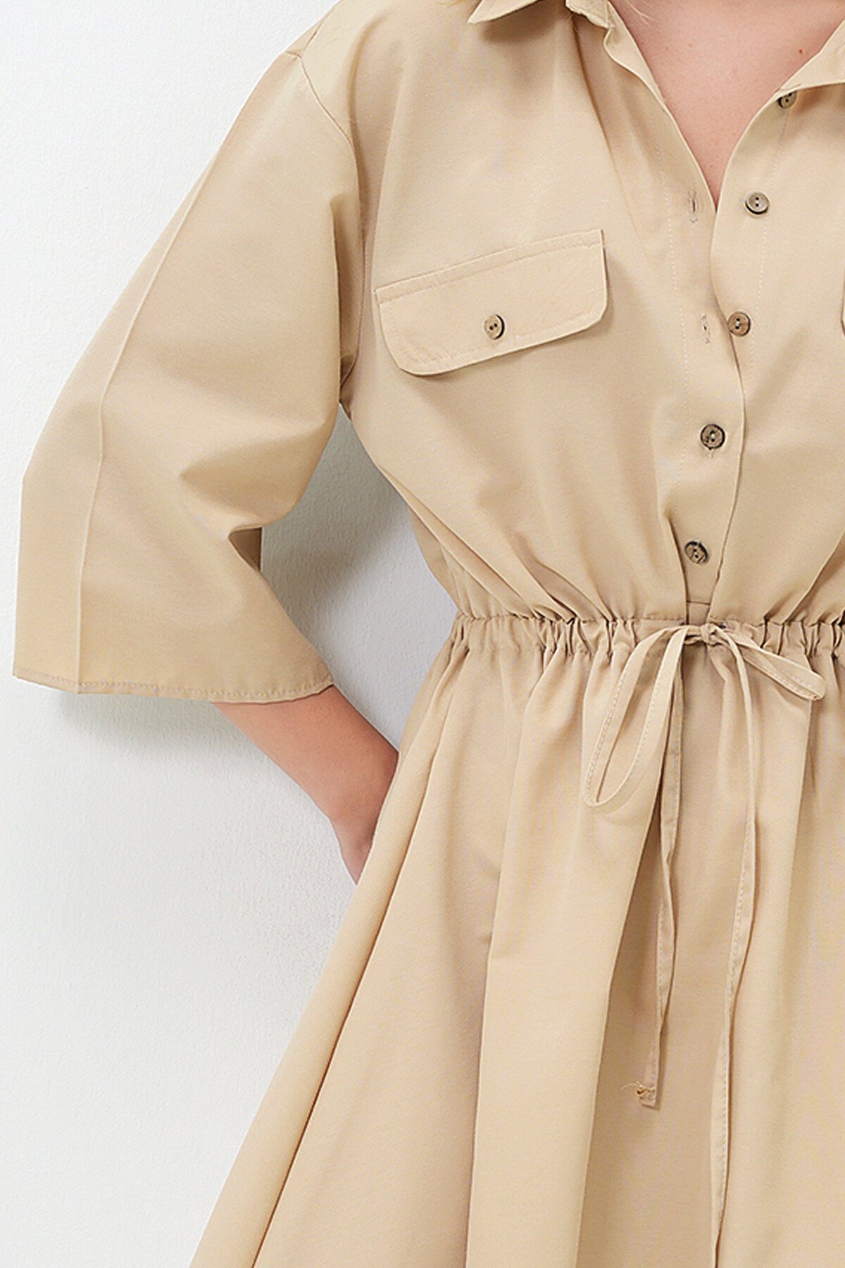 Bej Safari Dokuma Gömlek Elbise