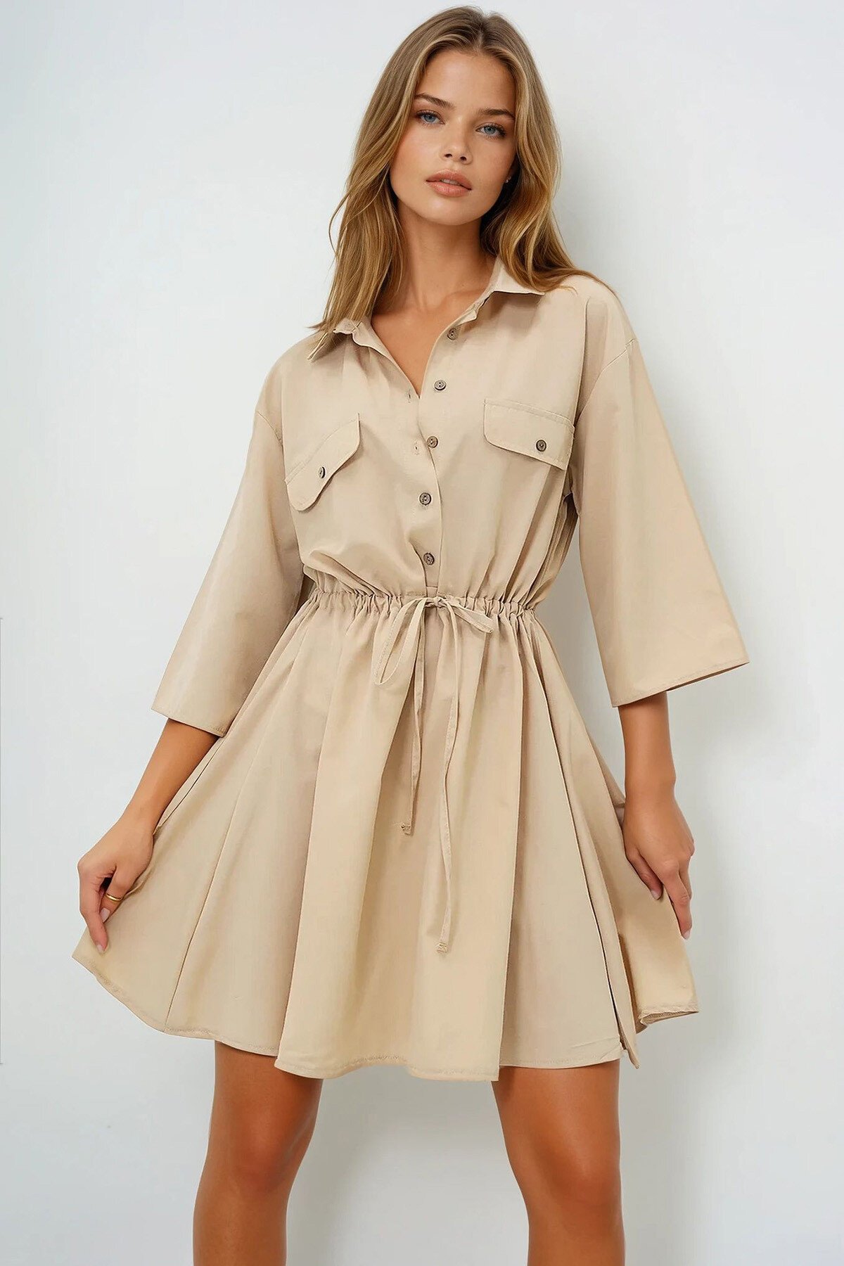 Bej Safari Dokuma Gömlek Elbise