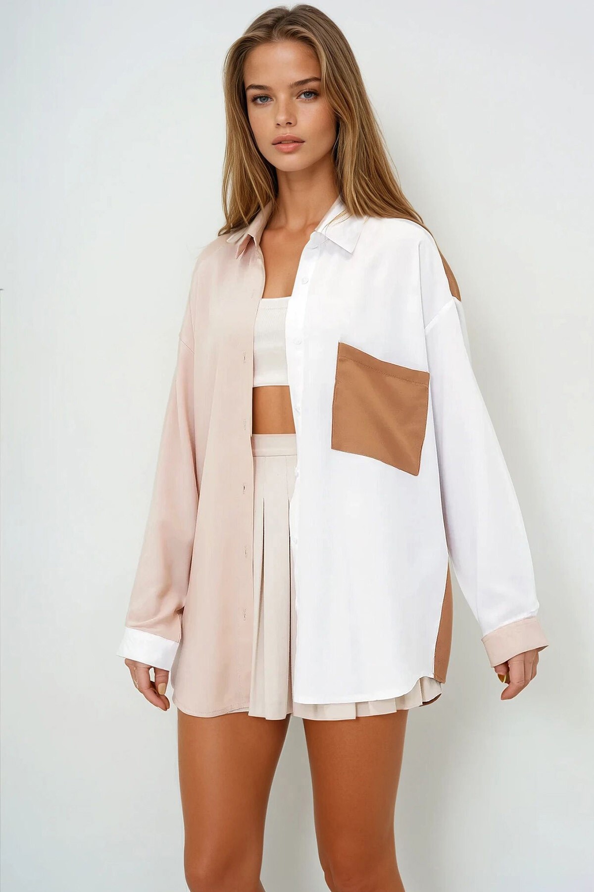 Bej Tek Cep Bloklu Dokuma Viscon Gömlek