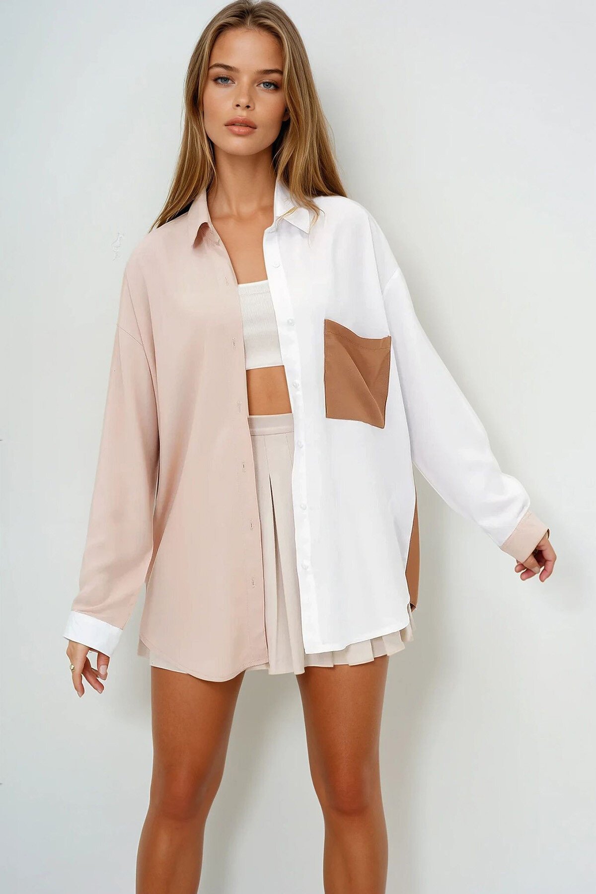 Bej Tek Cep Bloklu Dokuma Viscon Gömlek