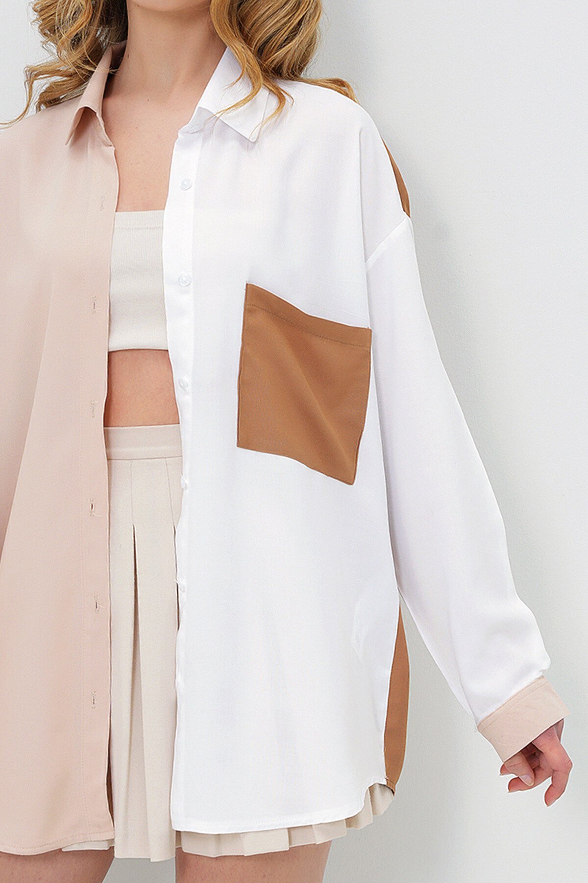 Bej Tek Cep Bloklu Dokuma Viscon Gömlek