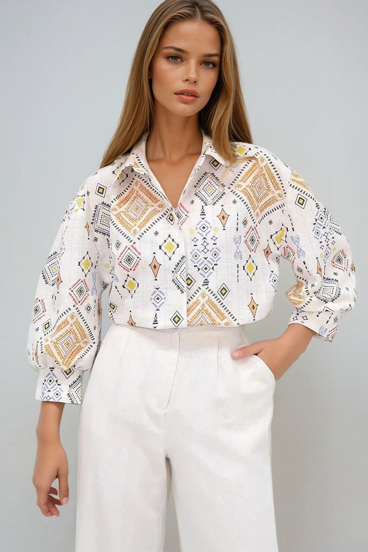 Bej Turuncu Prenses Etnik Desenli Flamlı Keten Dokuma Gömlek