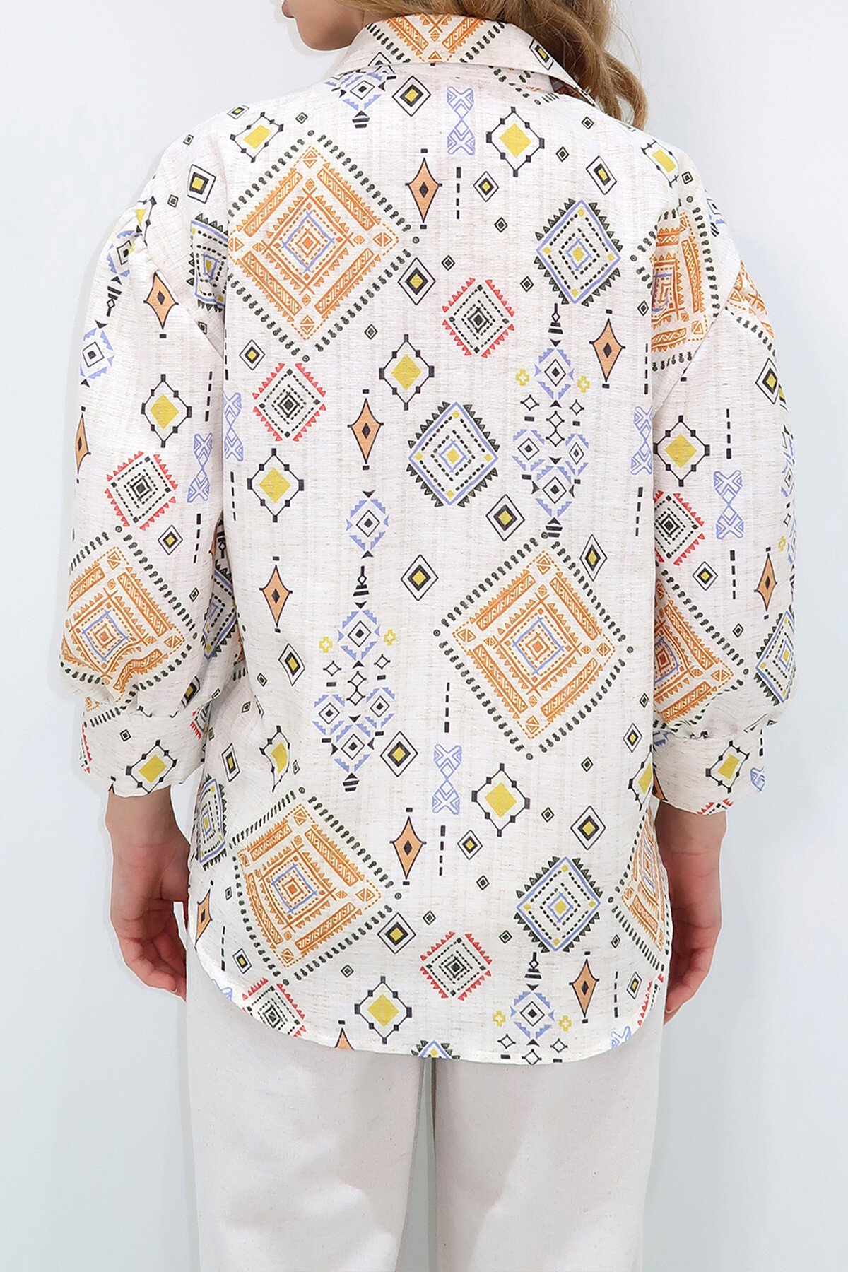 Bej Turuncu Prenses Etnik Desenli Flamlı Keten Dokuma Gömlek