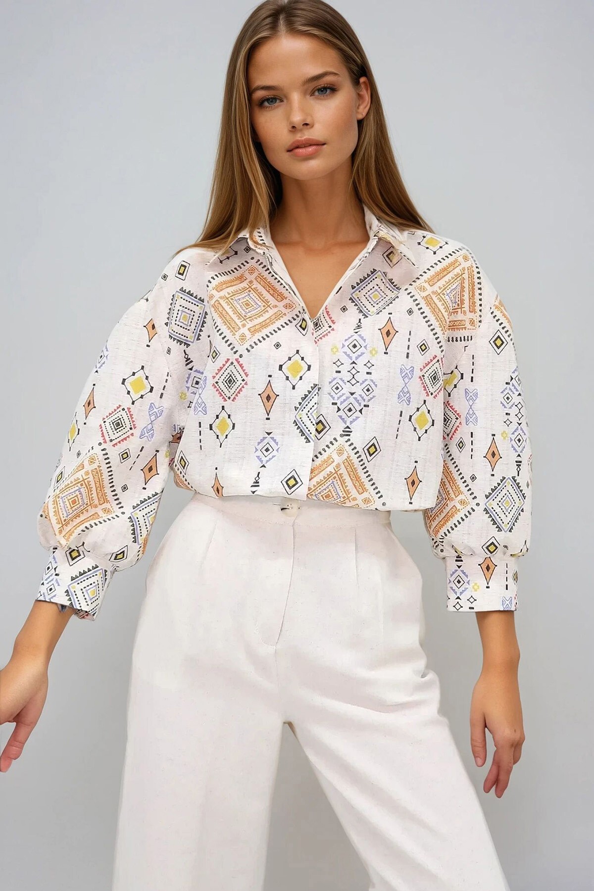Bej Turuncu Prenses Etnik Desenli Flamlı Keten Dokuma Gömlek