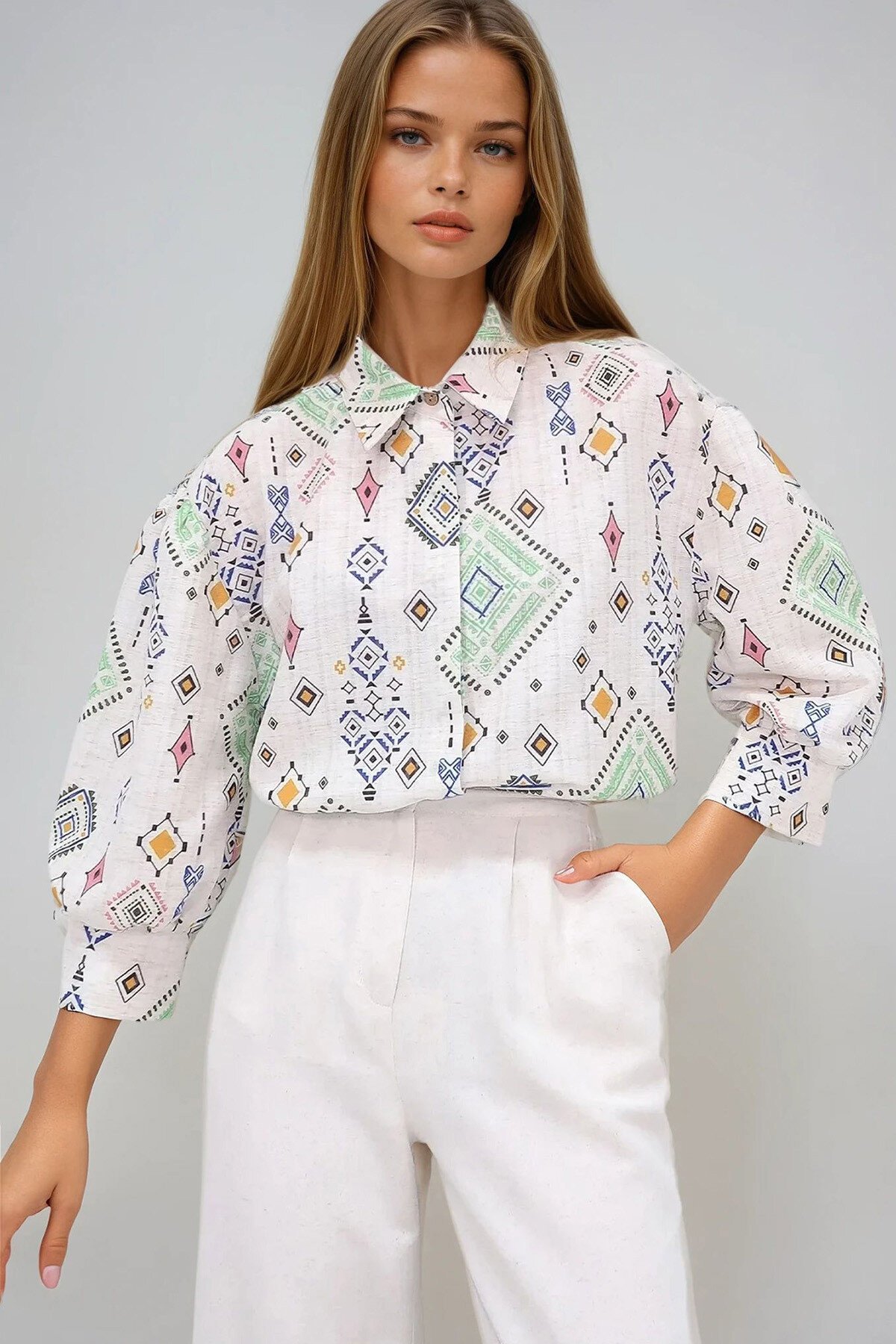 Bej Yeşil Prenses Etnik Desenli Flamlı Keten Dokuma Gömlek