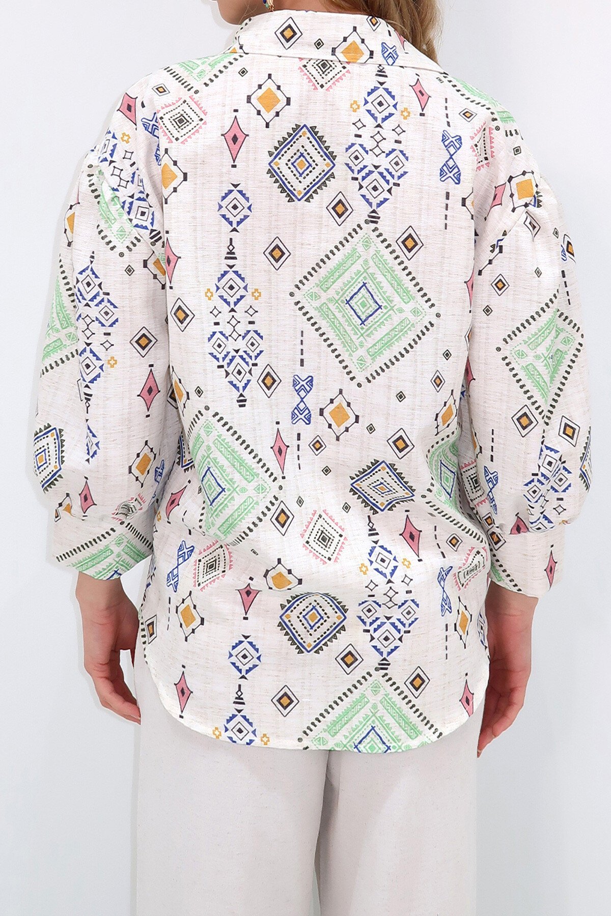 Bej Yeşil Prenses Etnik Desenli Flamlı Keten Dokuma Gömlek