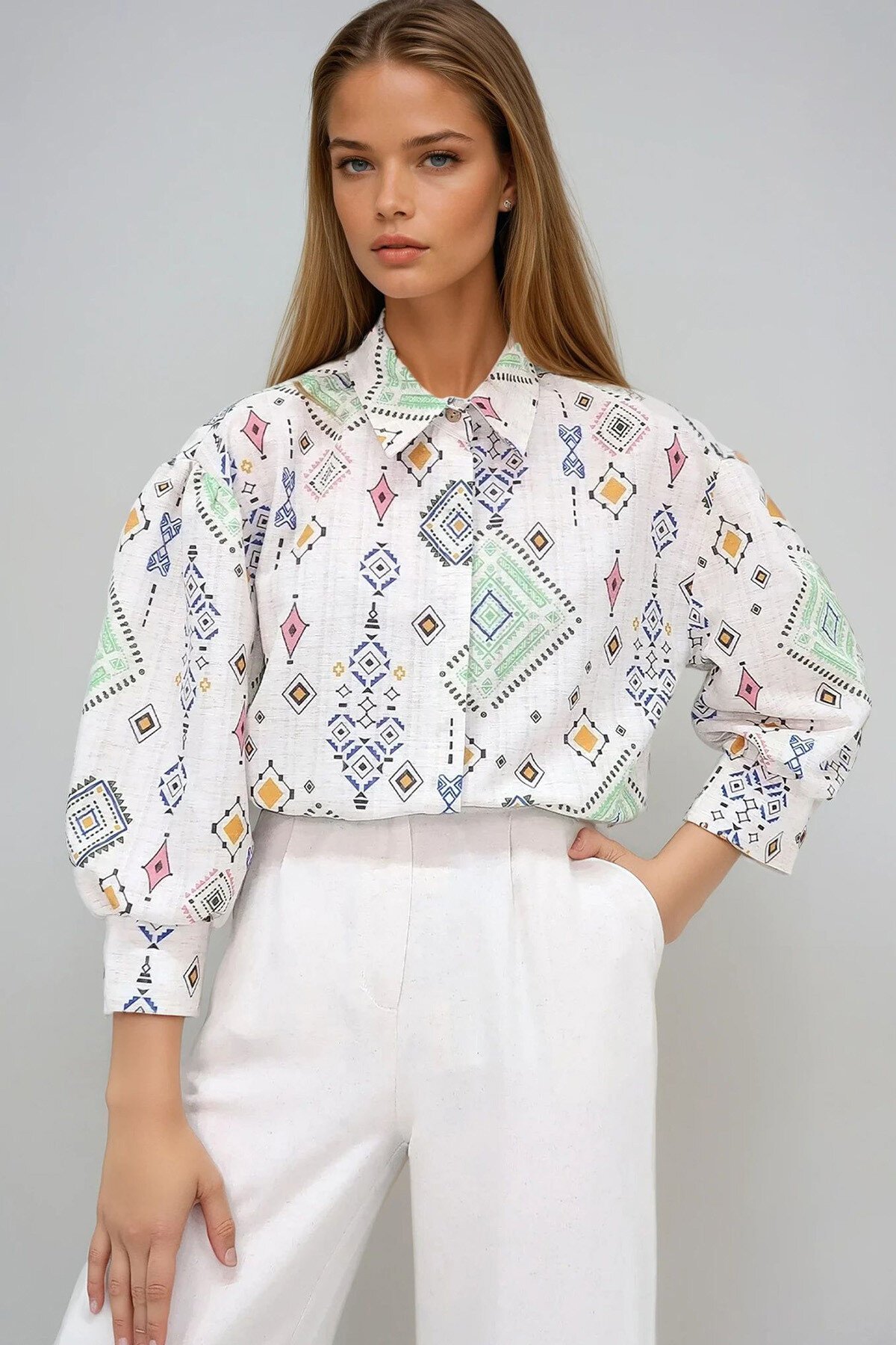 Bej Yeşil Prenses Etnik Desenli Flamlı Keten Dokuma Gömlek