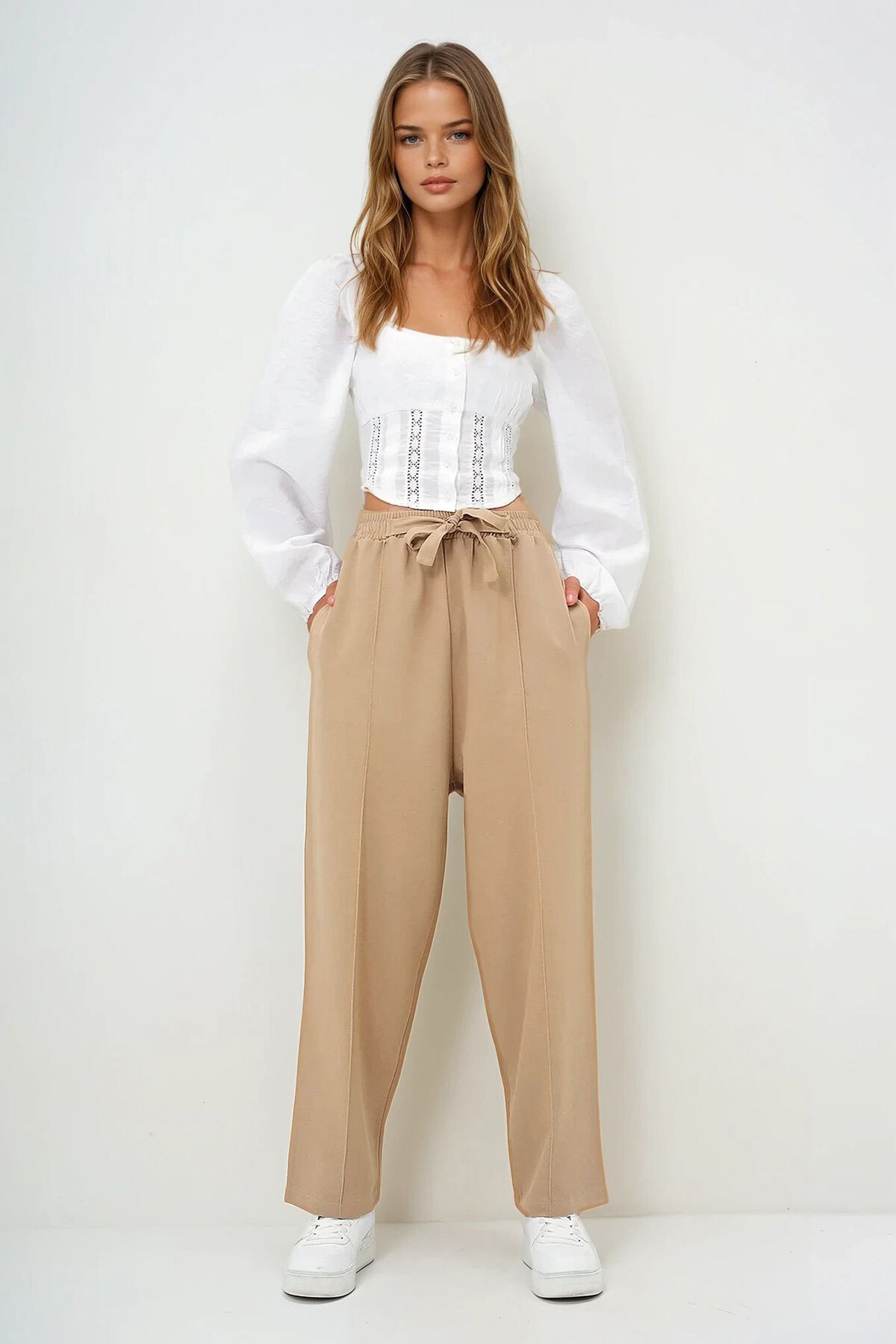 Bej Yüksek Bel Önü Çimalı Çift Cepli Keten Palazzo Pantolon