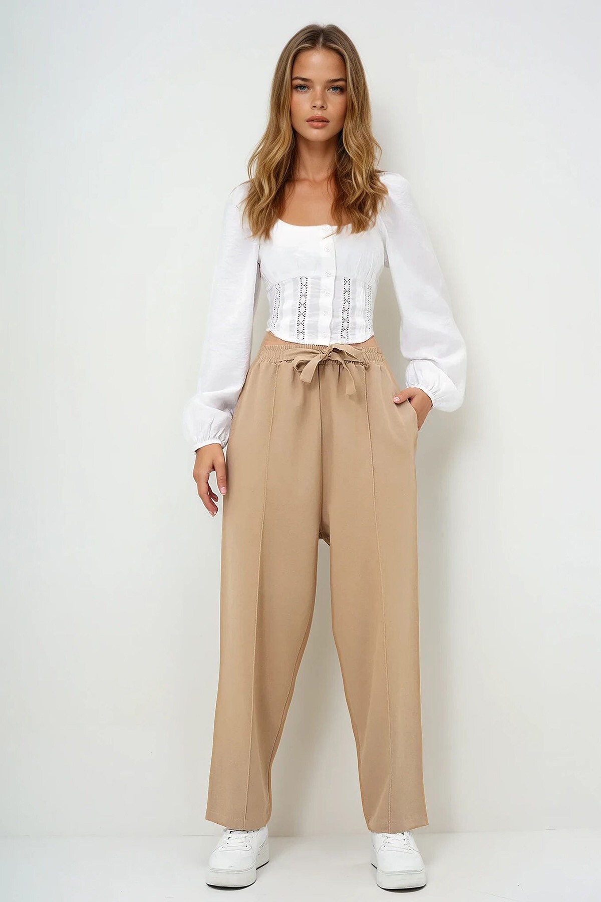 Bej Yüksek Bel Önü Çimalı Çift Cepli Keten Palazzo Pantolon