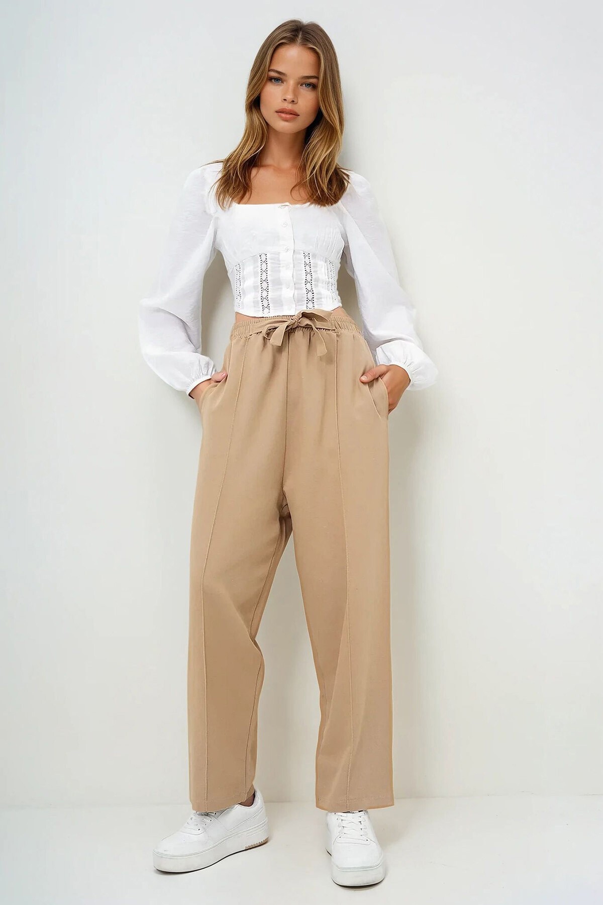 Bej Yüksek Bel Önü Çimalı Çift Cepli Keten Palazzo Pantolon