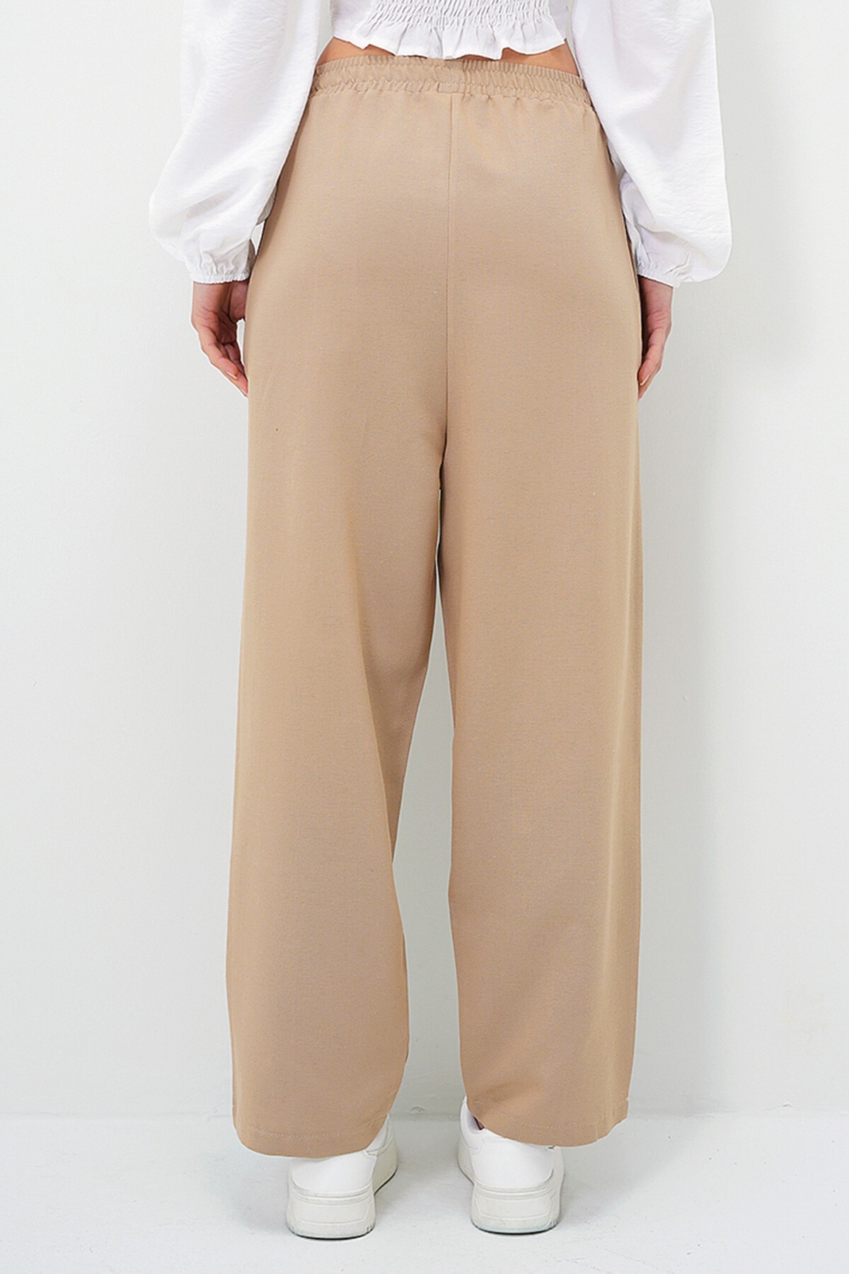 Bej Yüksek Bel Önü Çimalı Çift Cepli Keten Palazzo Pantolon