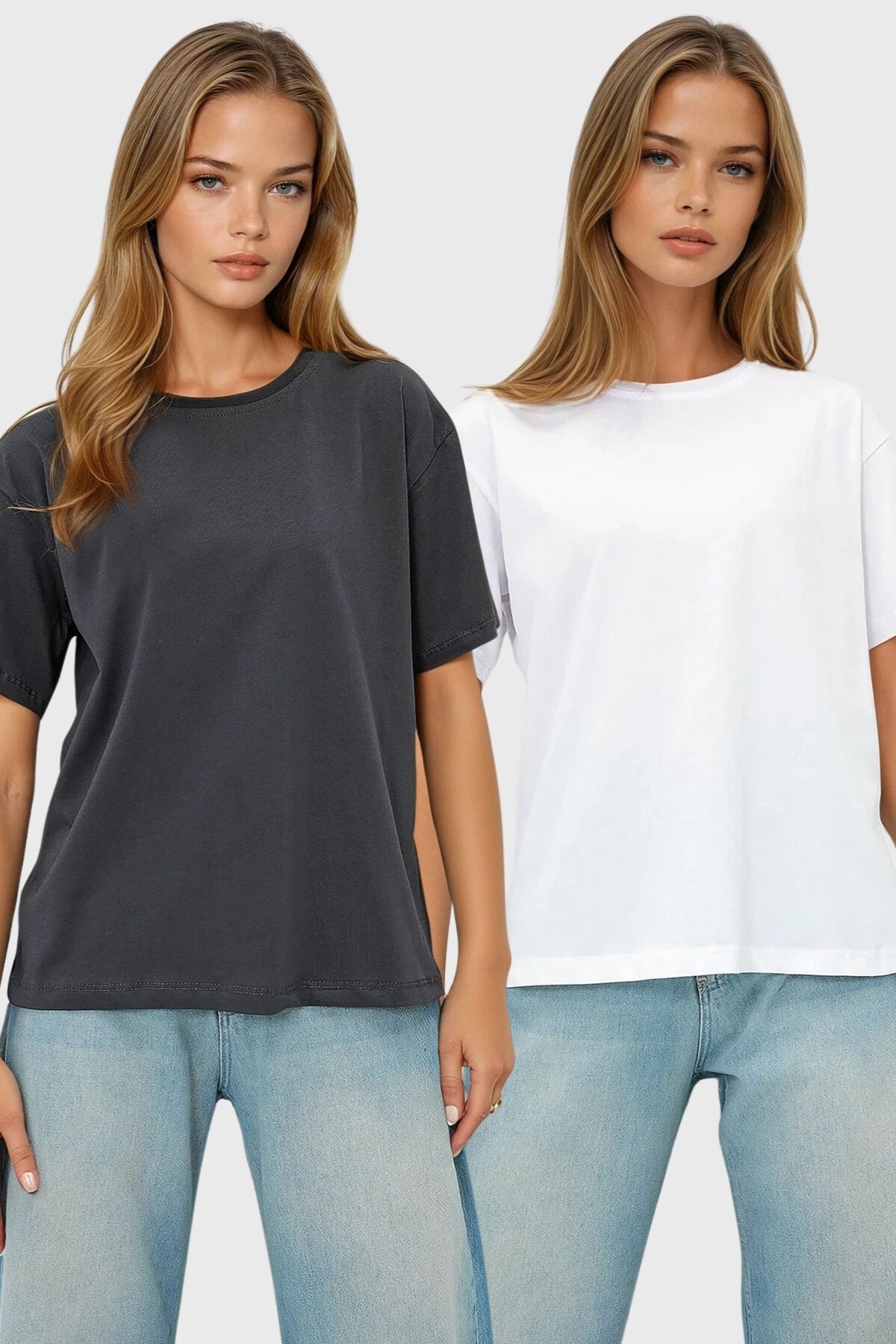 Beyaz Antrasit 2Li Paket Bisiklet Yaka Basic T Shırt