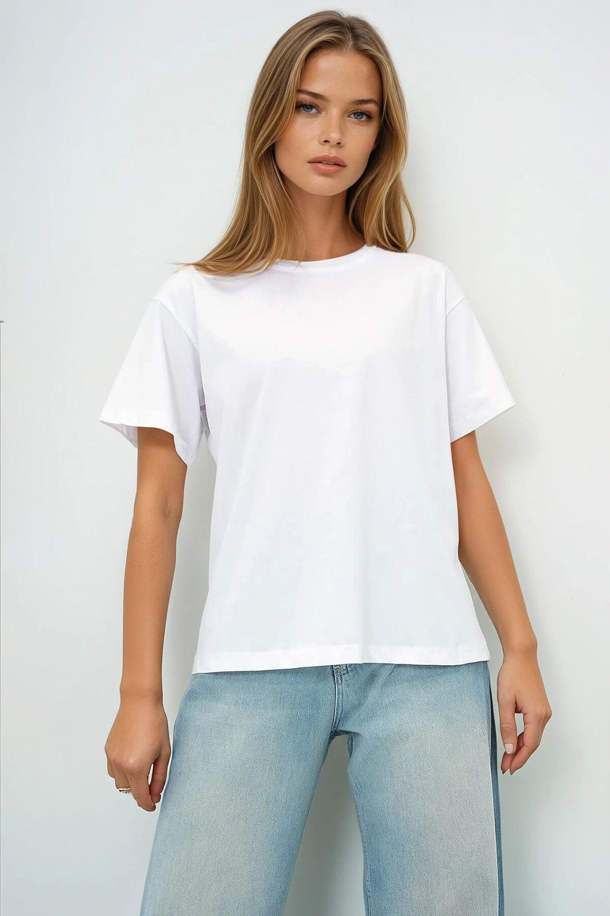 Beyaz Antrasit 2Li Paket Bisiklet Yaka Basic T Shırt