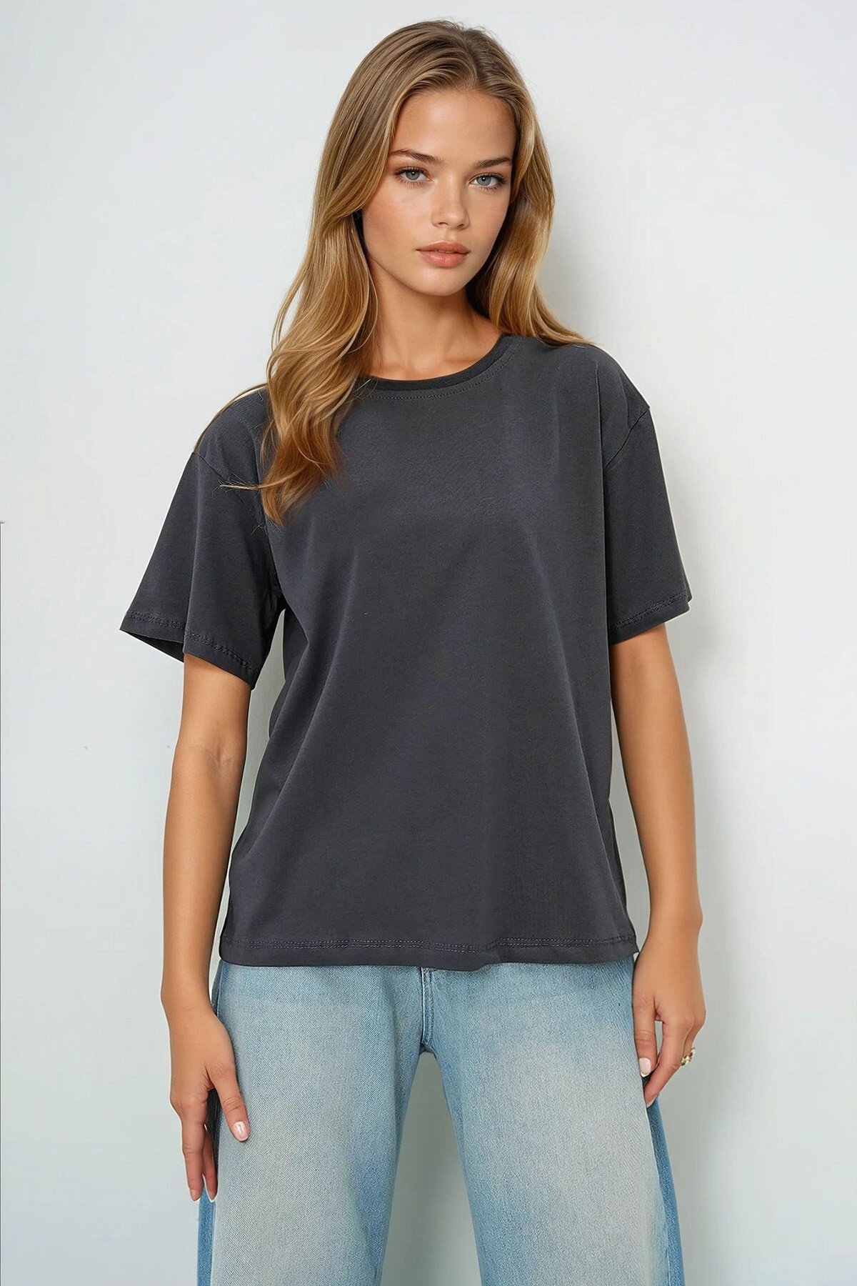 Beyaz Antrasit 2Li Paket Bisiklet Yaka Basic T Shırt