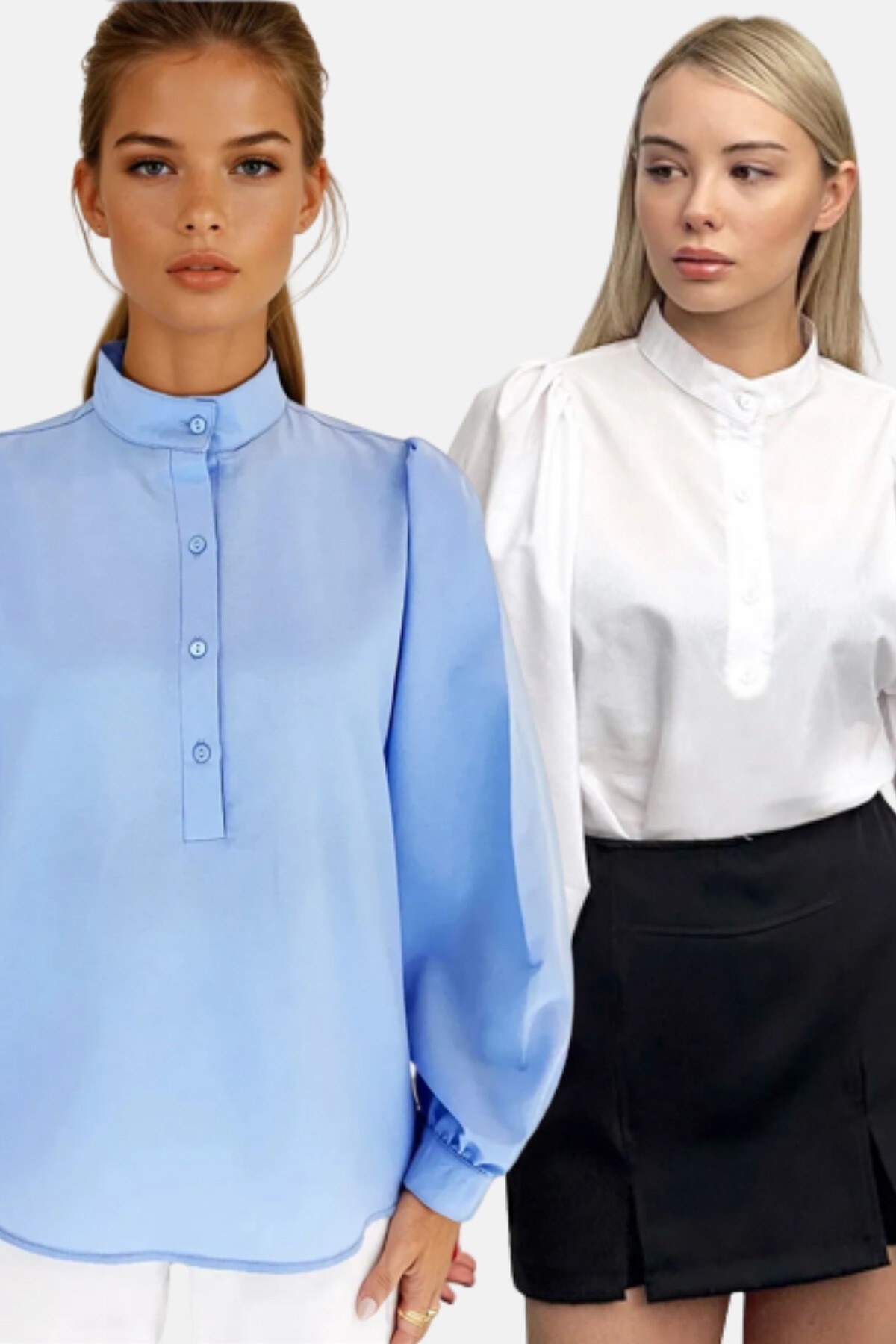 Beyaz Bebemavi Hakim Yaka Yarım Pat Balon Kol Poplin Dokuma 2Lİ Set Gömlek Takım