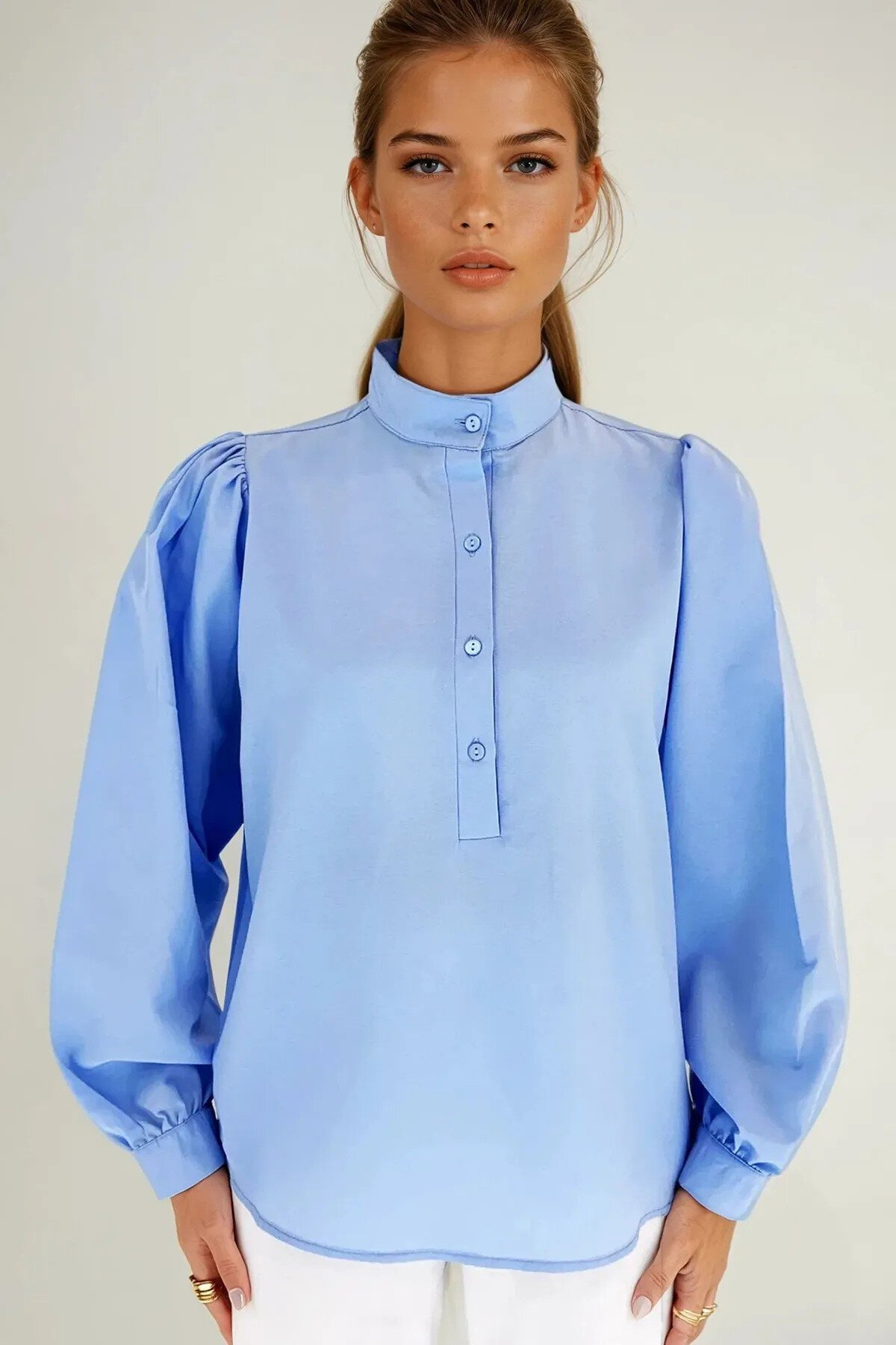 Beyaz Bebemavi Hakim Yaka Yarım Pat Balon Kol Poplin Dokuma 2Lİ Set Gömlek Takım