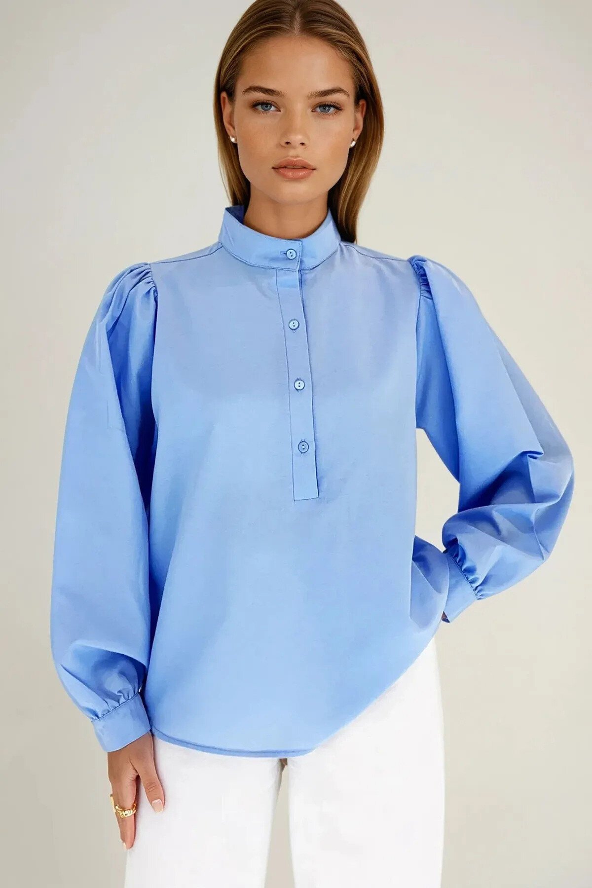 Beyaz Bebemavi Hakim Yaka Yarım Pat Balon Kol Poplin Dokuma 2Lİ Set Gömlek Takım