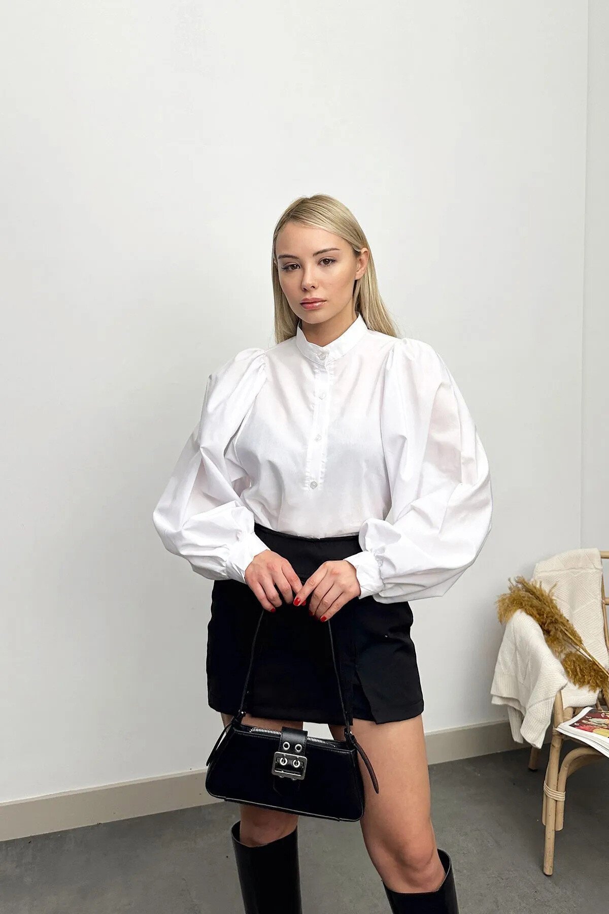 Beyaz Bebemavi Hakim Yaka Yarım Pat Balon Kol Poplin Dokuma 2Lİ Set Gömlek Takım