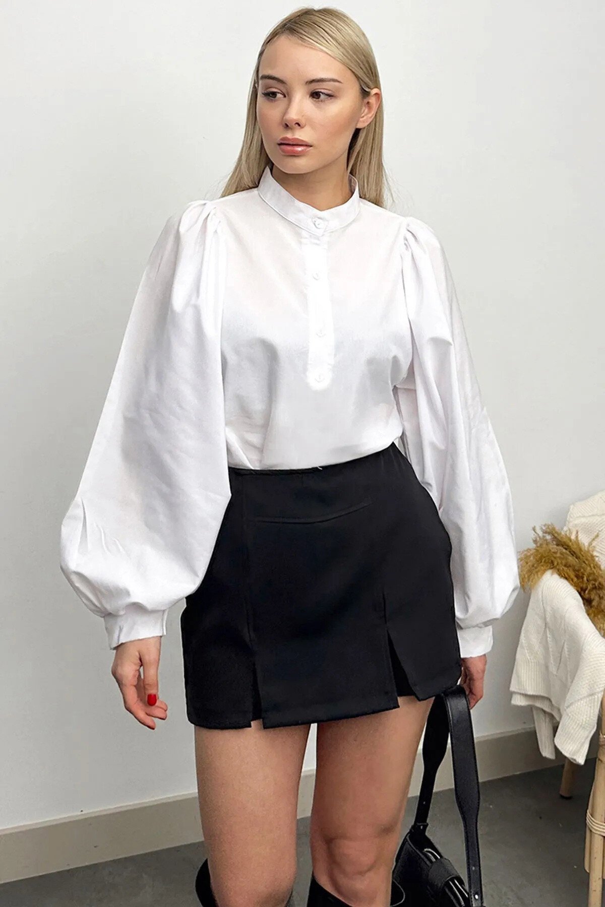 Beyaz Bebemavi Hakim Yaka Yarım Pat Balon Kol Poplin Dokuma 2Lİ Set Gömlek Takım