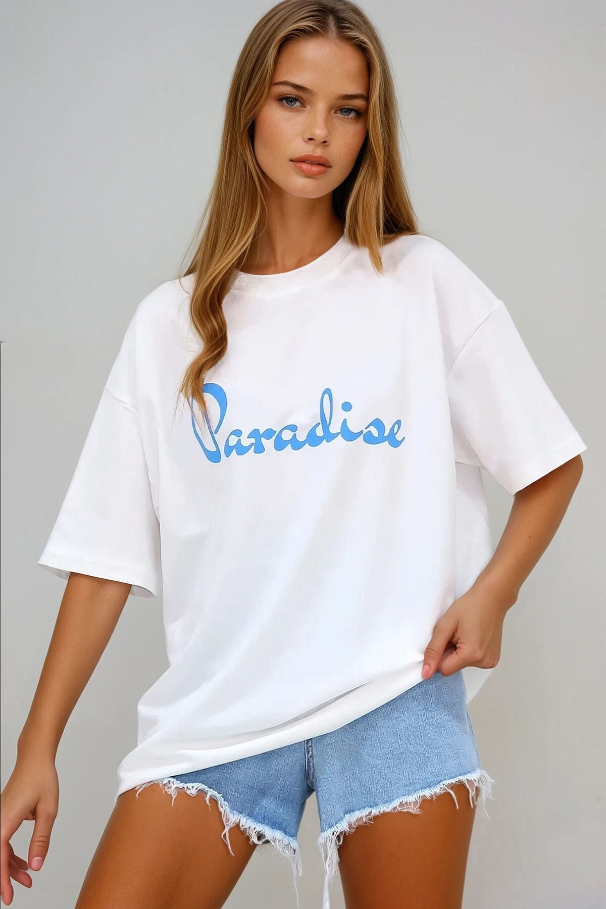 Beyaz Bisiklet Yaka 2 İplik Unisex Önü Baskılı T Shirt