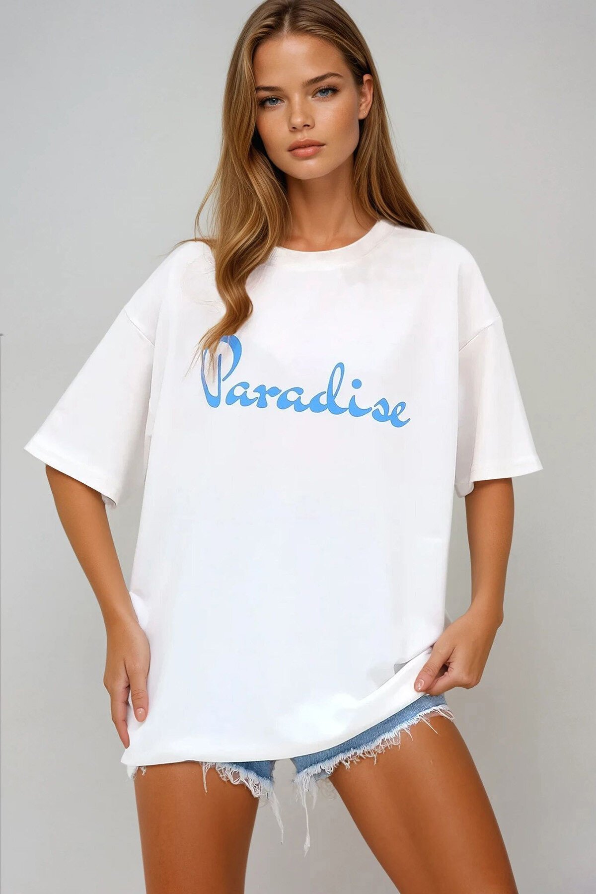 Beyaz Bisiklet Yaka 2 İplik Unisex Önü Baskılı T Shirt