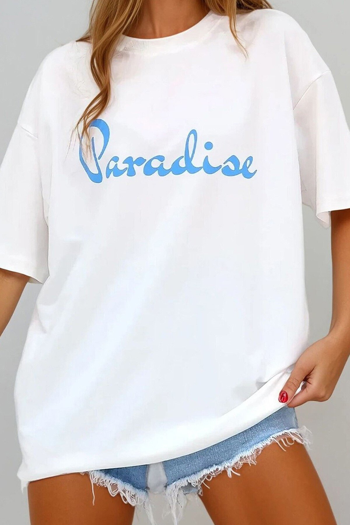 Beyaz Bisiklet Yaka 2 İplik Unisex Önü Baskılı T Shirt