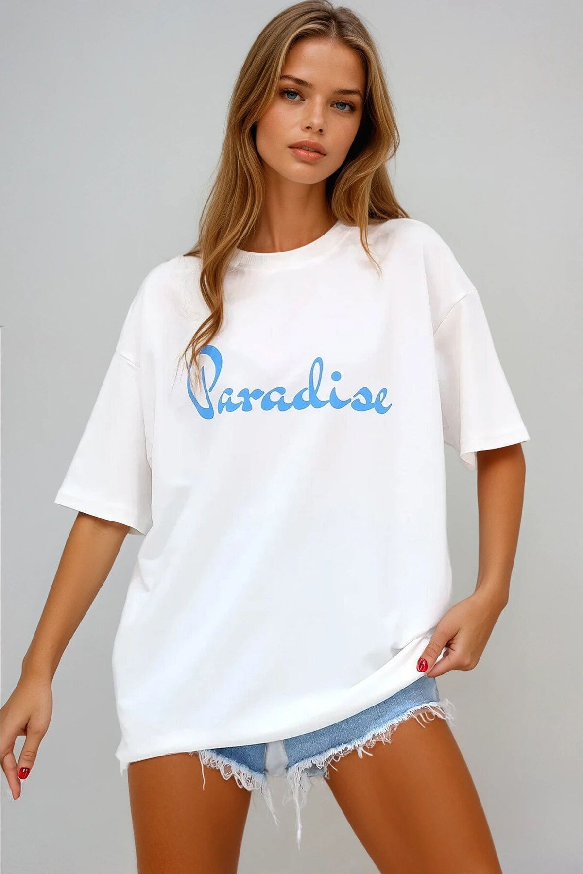 Beyaz Bisiklet Yaka 2 İplik Unisex Önü Baskılı T Shirt