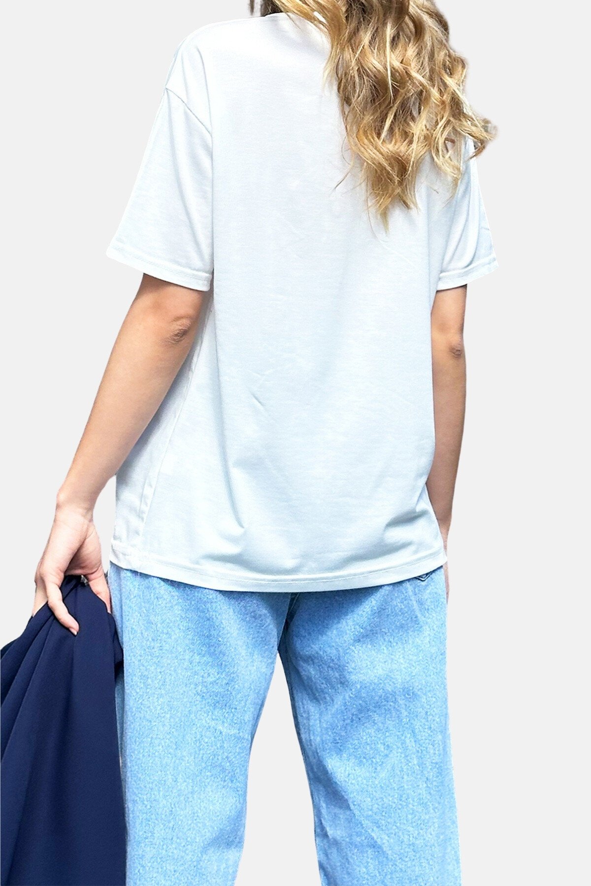 Beyaz Bisiklet Yaka Baskılı T Shirt