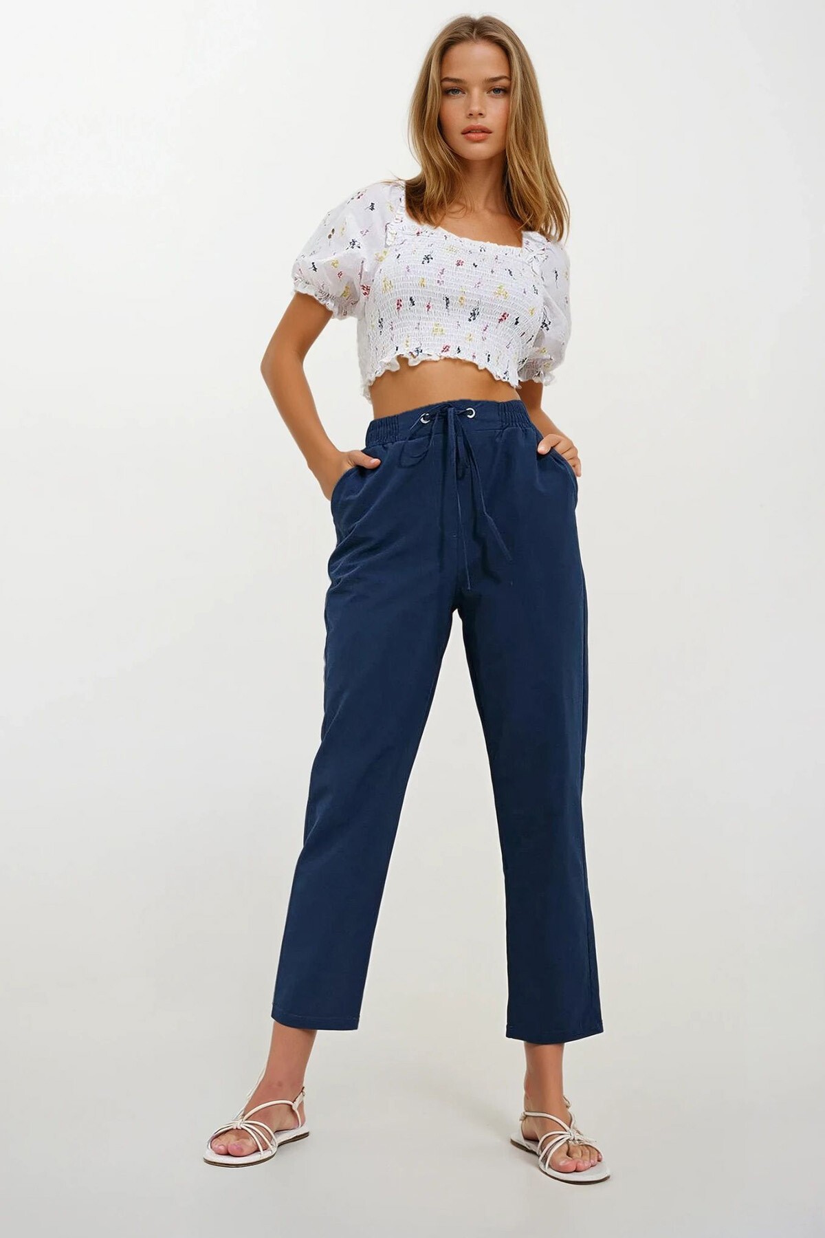 Beyaz Kare Yaka Karpuz Kol Gipeli Crop Keten Bluz