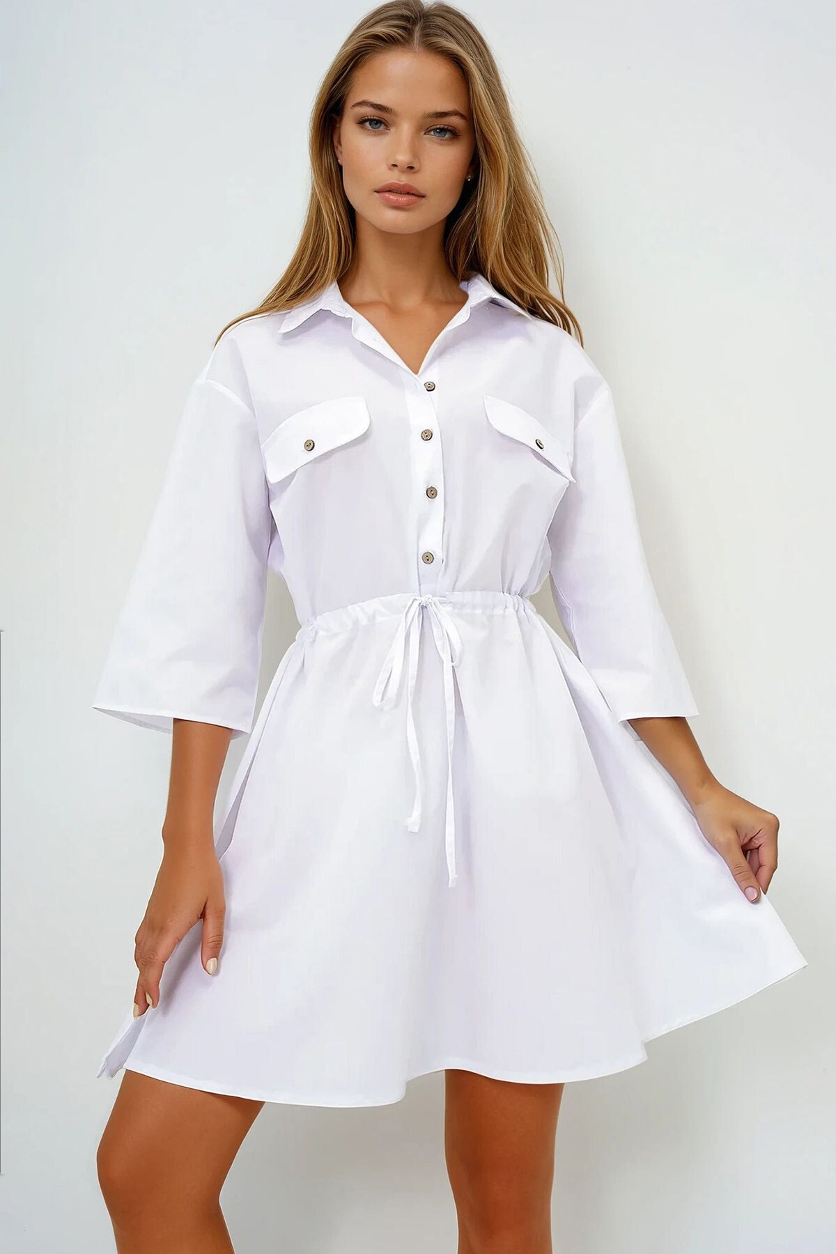 Beyaz Safari Dokuma Gömlek Elbise