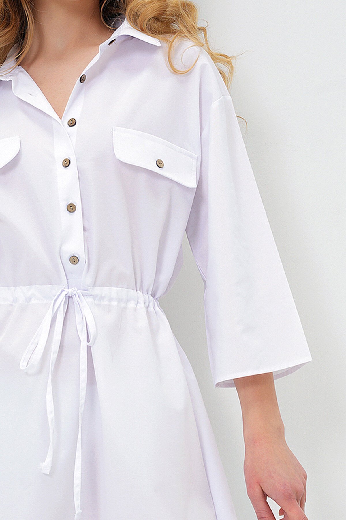 Beyaz Safari Dokuma Gömlek Elbise