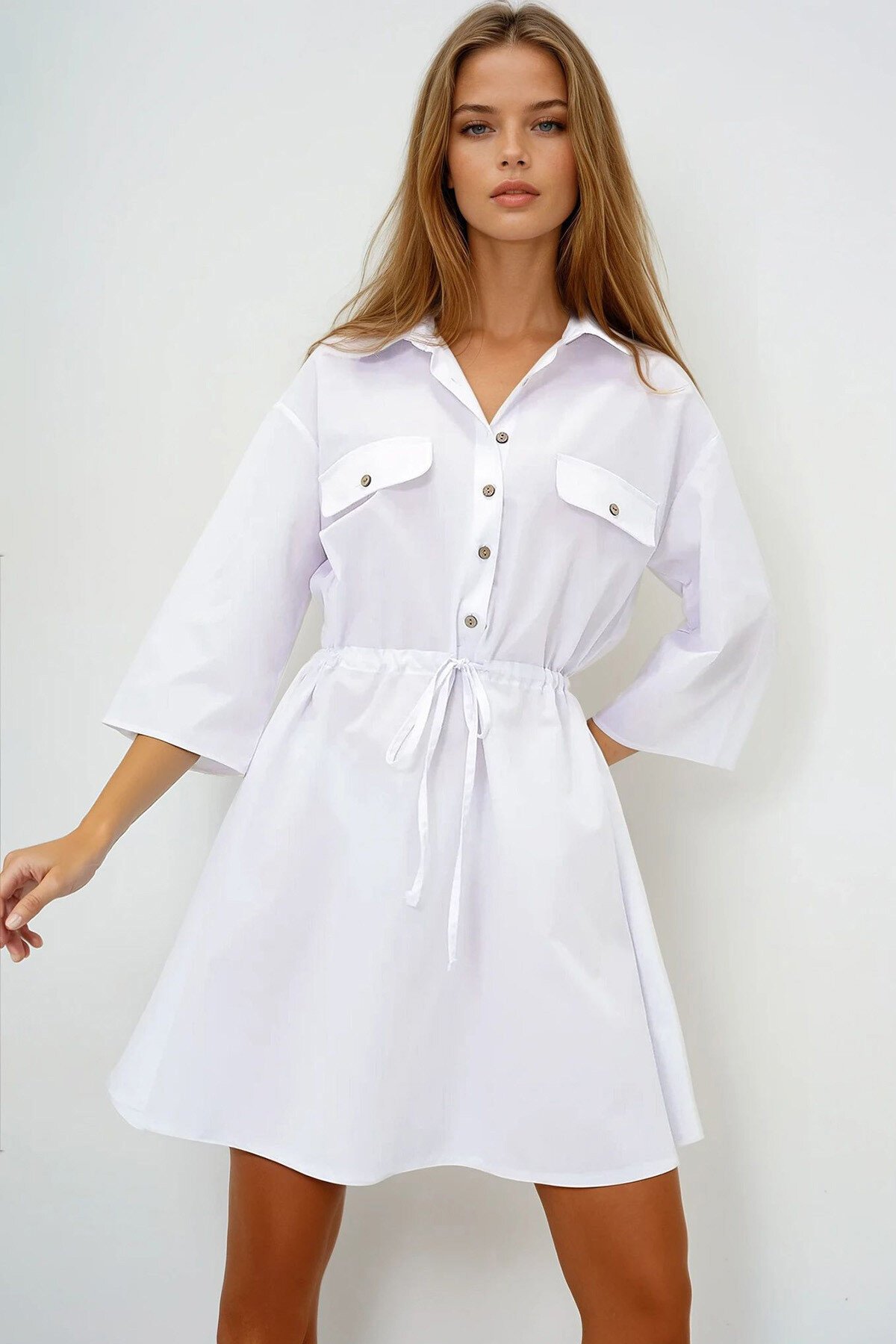 Beyaz Safari Dokuma Gömlek Elbise