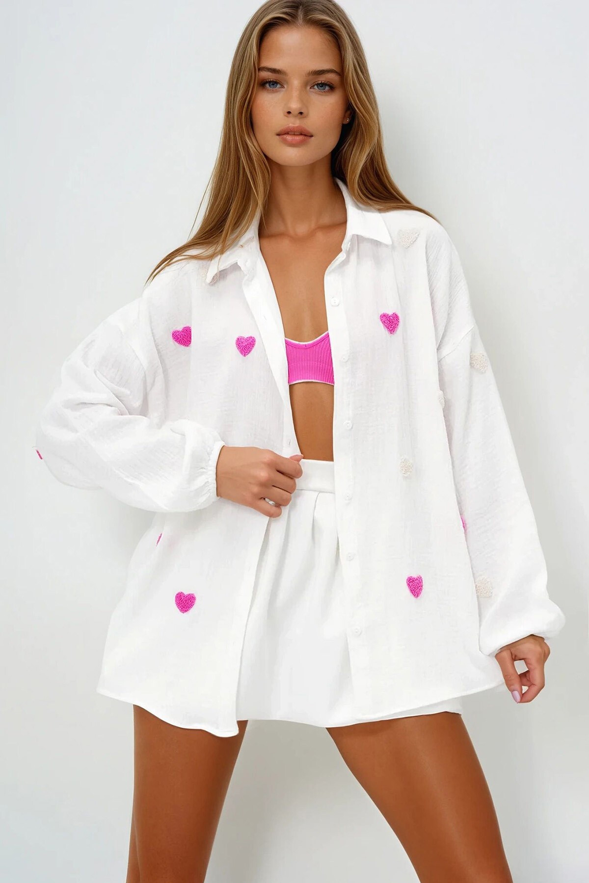 Beyaz Süzene Kalp İşlemeli Oversize Müslin Keten Gömlek