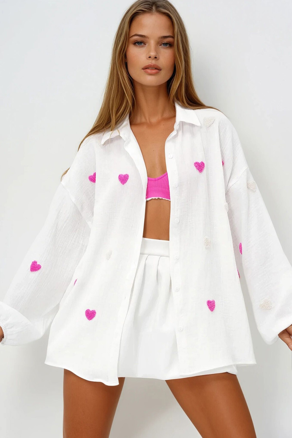 Beyaz Süzene Kalp İşlemeli Oversize Müslin Keten Gömlek