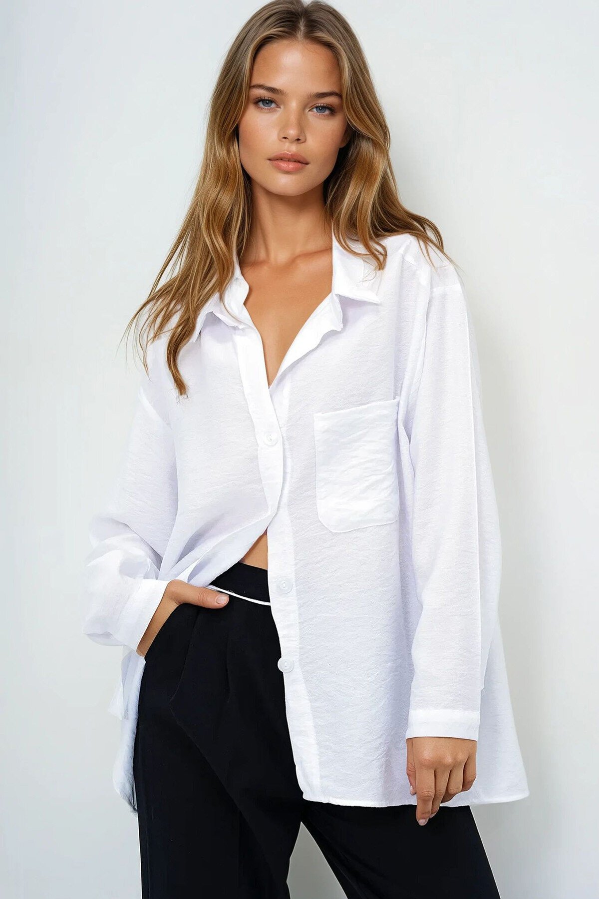 Beyaz Tek Cepli Keten Karışımlı Oversize Gömlek