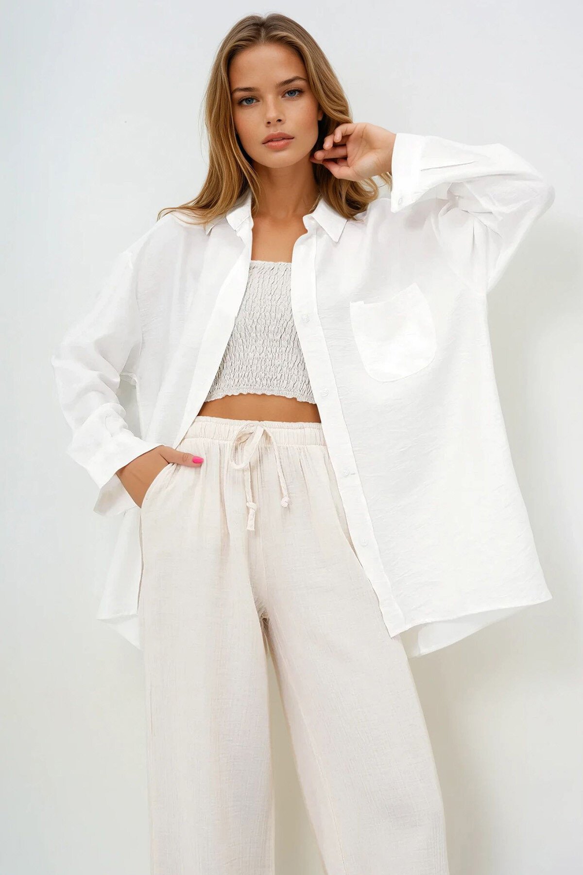 Beyaz Tek Cepli Oversize Aerobin Keten Gömlek