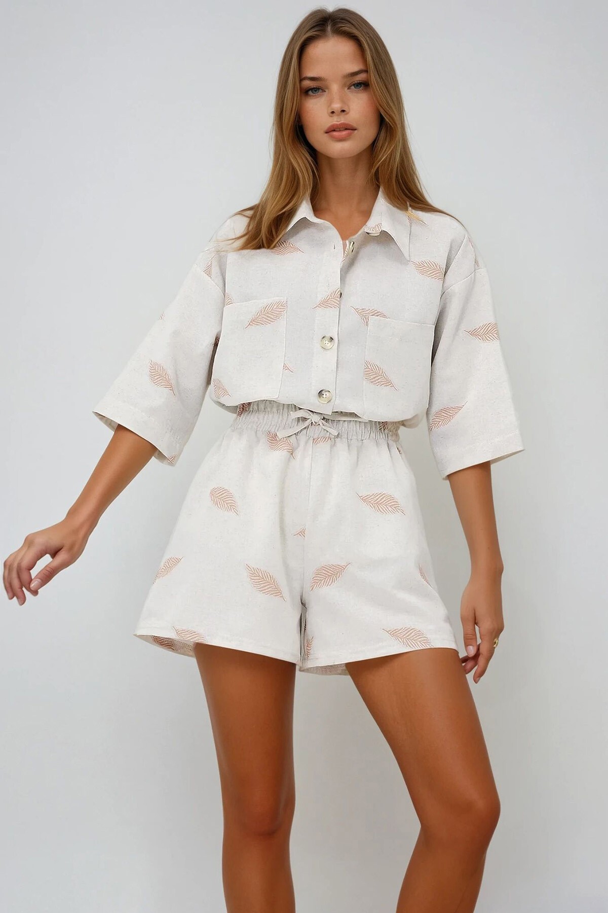 Bisküvi Keten Görünümlü Çift Cepli Gömlek Ve Beli Lastikli Şort Takım