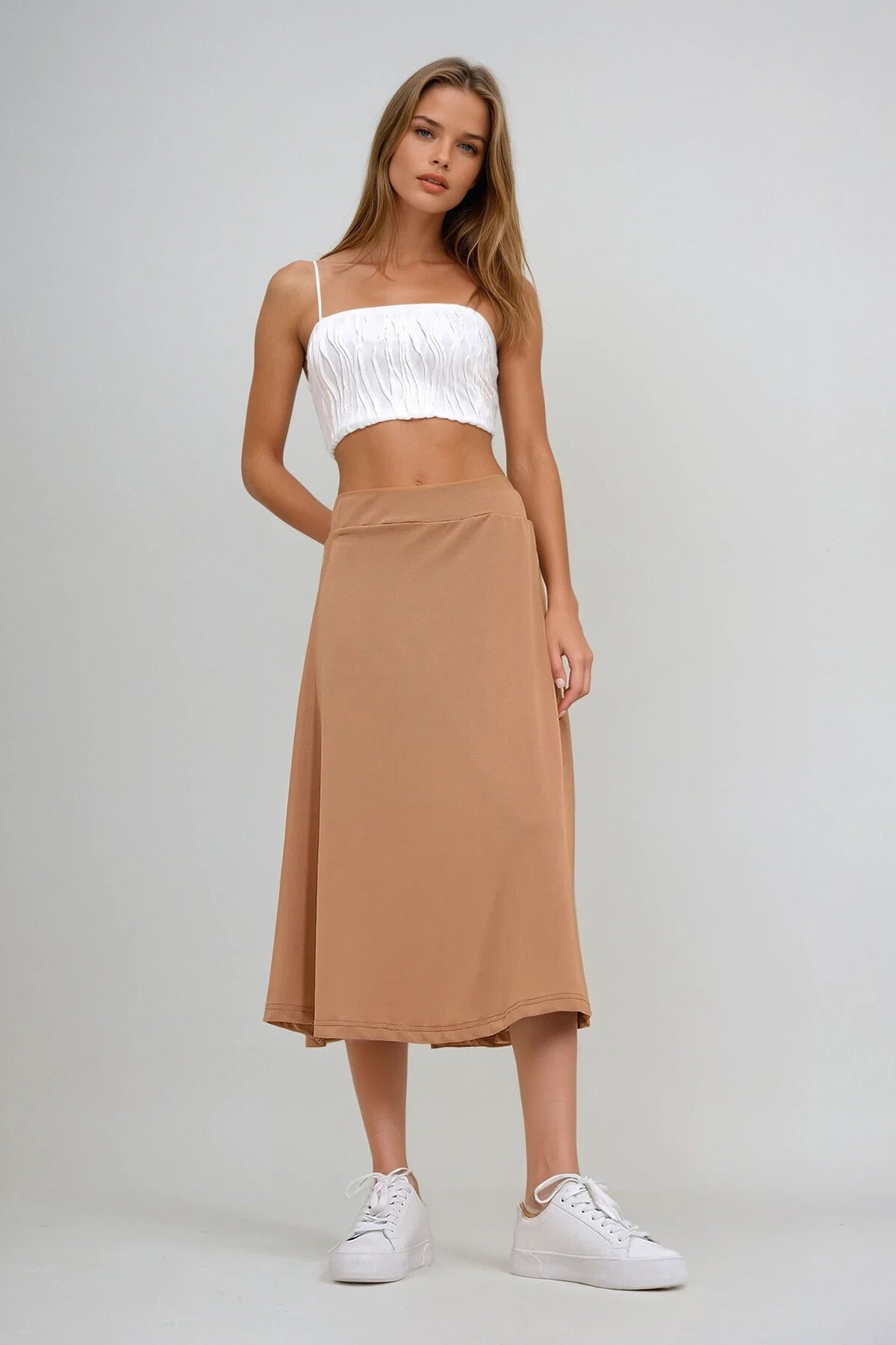 Bisküvi Yüksek Bel Beli Lastikli A Form Midi Boy Etek