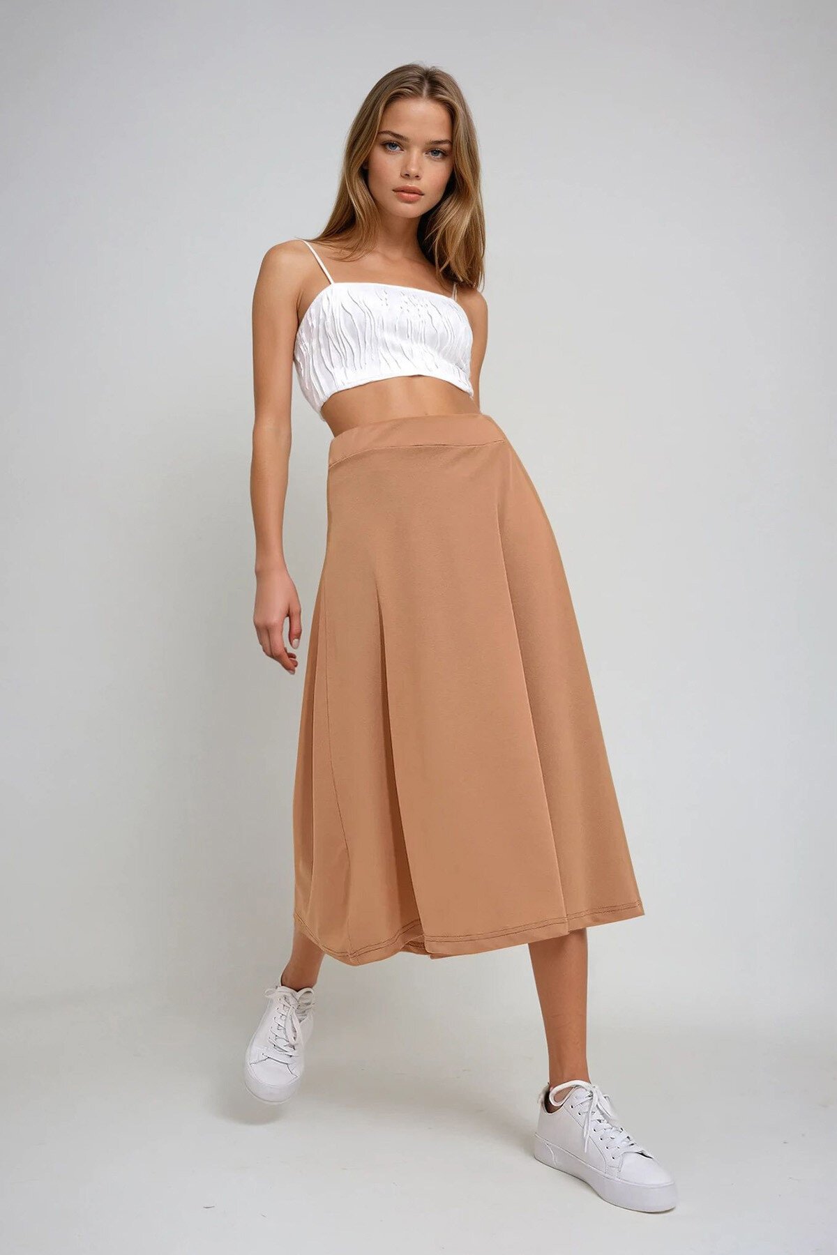 Bisküvi Yüksek Bel Beli Lastikli A Form Midi Boy Etek